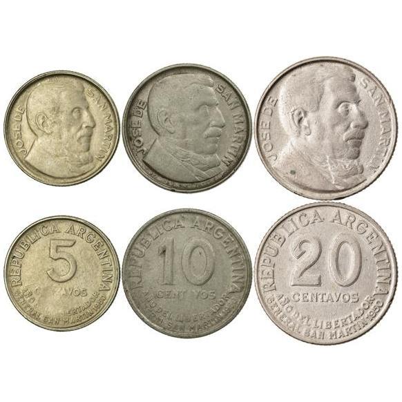Argentine 3 Coin Set 5 10 20 Centavos | José de San Martín | 1950
