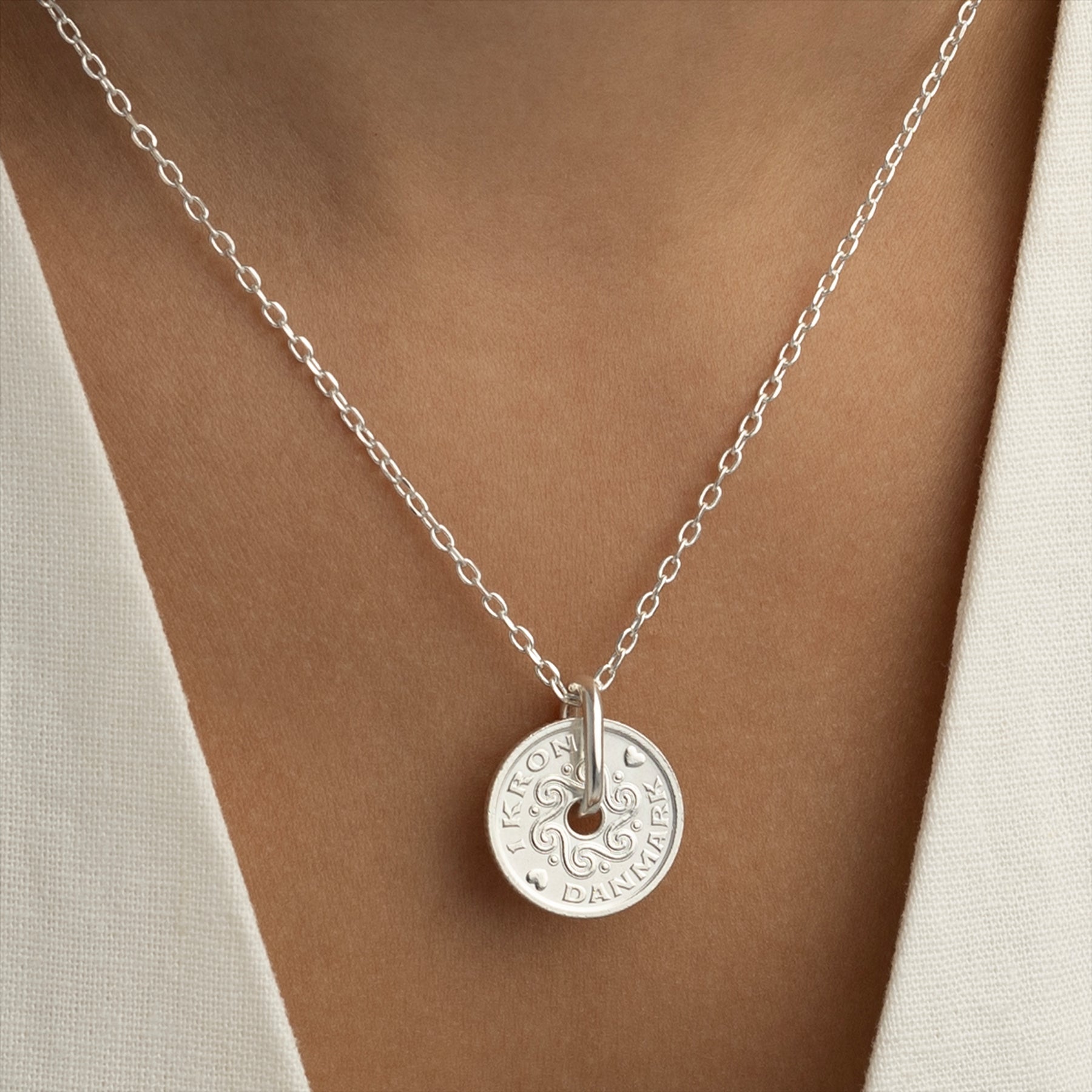 Danish Coin Necklace | Medallion Pendant Jewelry | Rhodium Plated 1 Krone | Denmark | 1992 - 2023