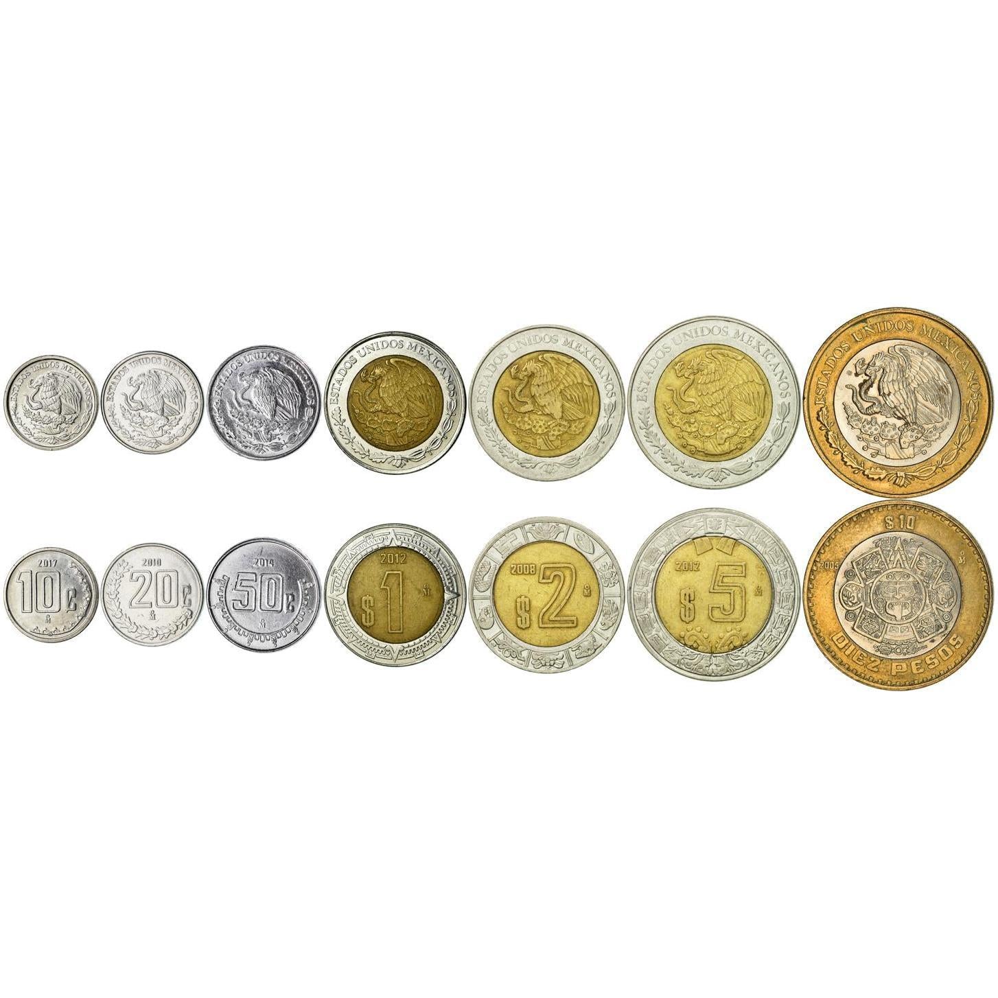 Mexico | 7 Coin Set | 10 20 50 Centavos 1 Peso 2 5 10 Pesos | 1996 - 2025