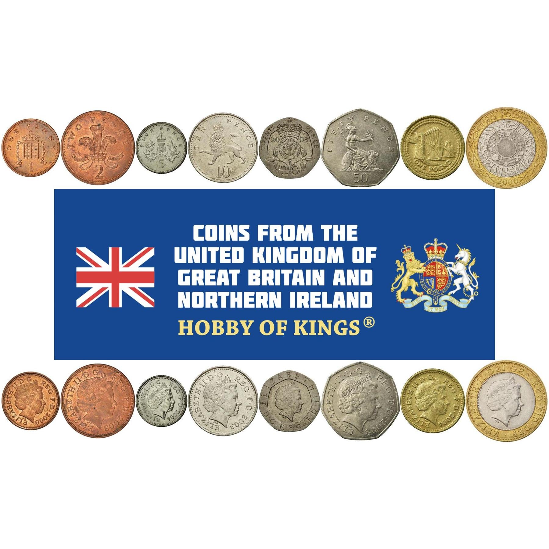 United Kingdom | 8 Coin Set | 1 Penny 2 5 10 20 50 Pence 1 Pound 2 Pounds | 1998 - 2008
