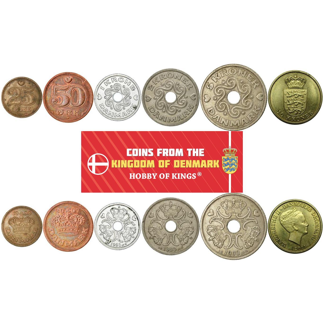 Denmark | 6 Coin Set | 25 50 Ore 1 Krone 2 5 10 Kroner | 1989 - 2021
