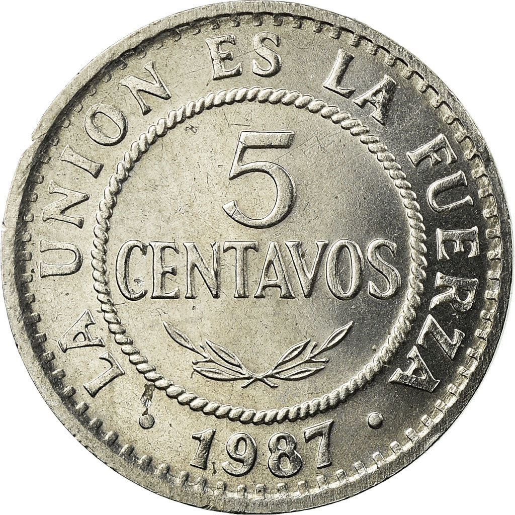 Boliwia | Moneta 5 Centavos | Stal nierdzewna | Broń palna | Ptak | Km:201 | 1987