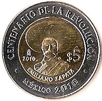 Mexico 5 Pesos Coin | Emiliano Zapata | Shield | Golden Eagle | Snake | KM924 | 2010