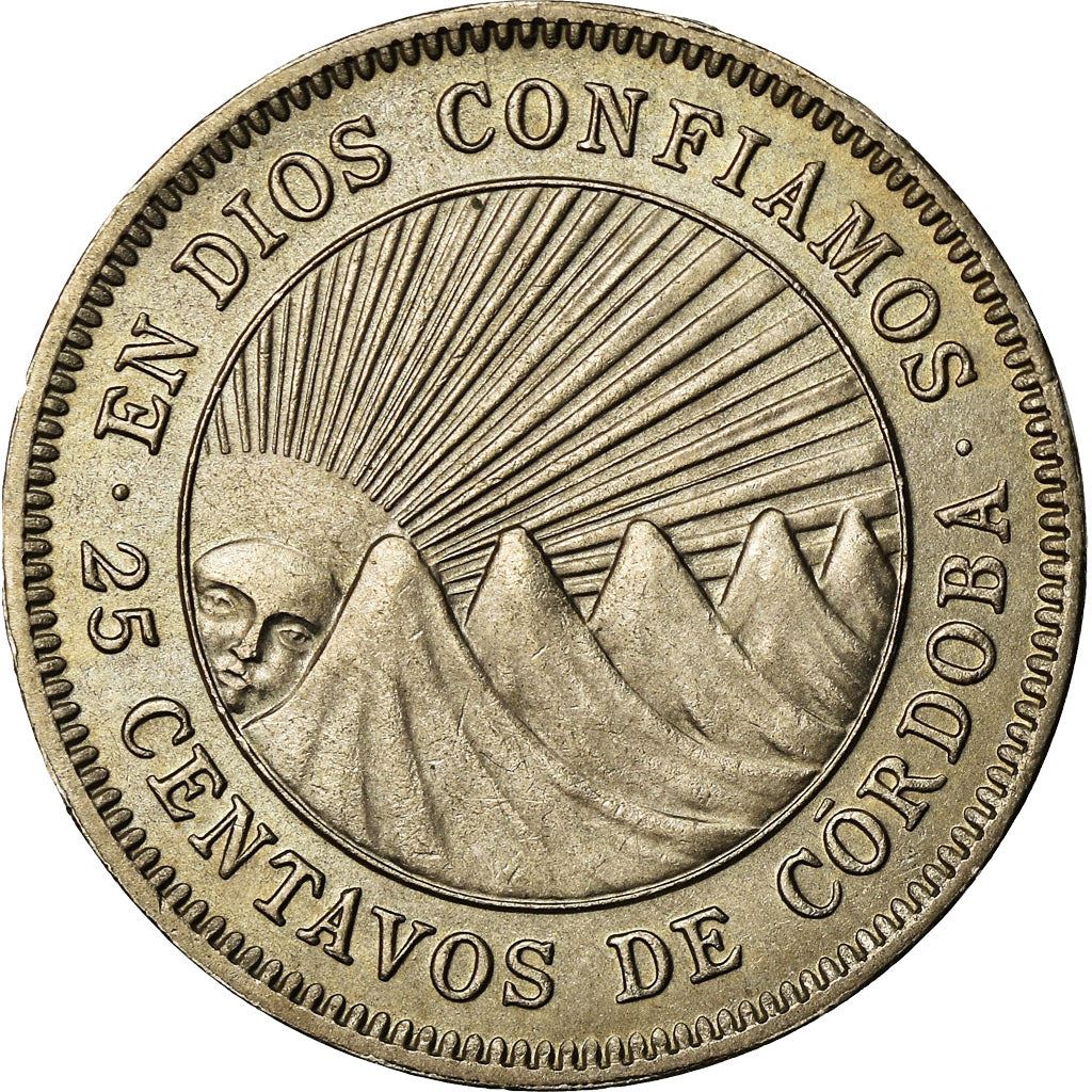 Nicaragua | 25 Centavos Coin | Explorer | Sun | Volcanos | Km:18.1 | 1939 - 1956