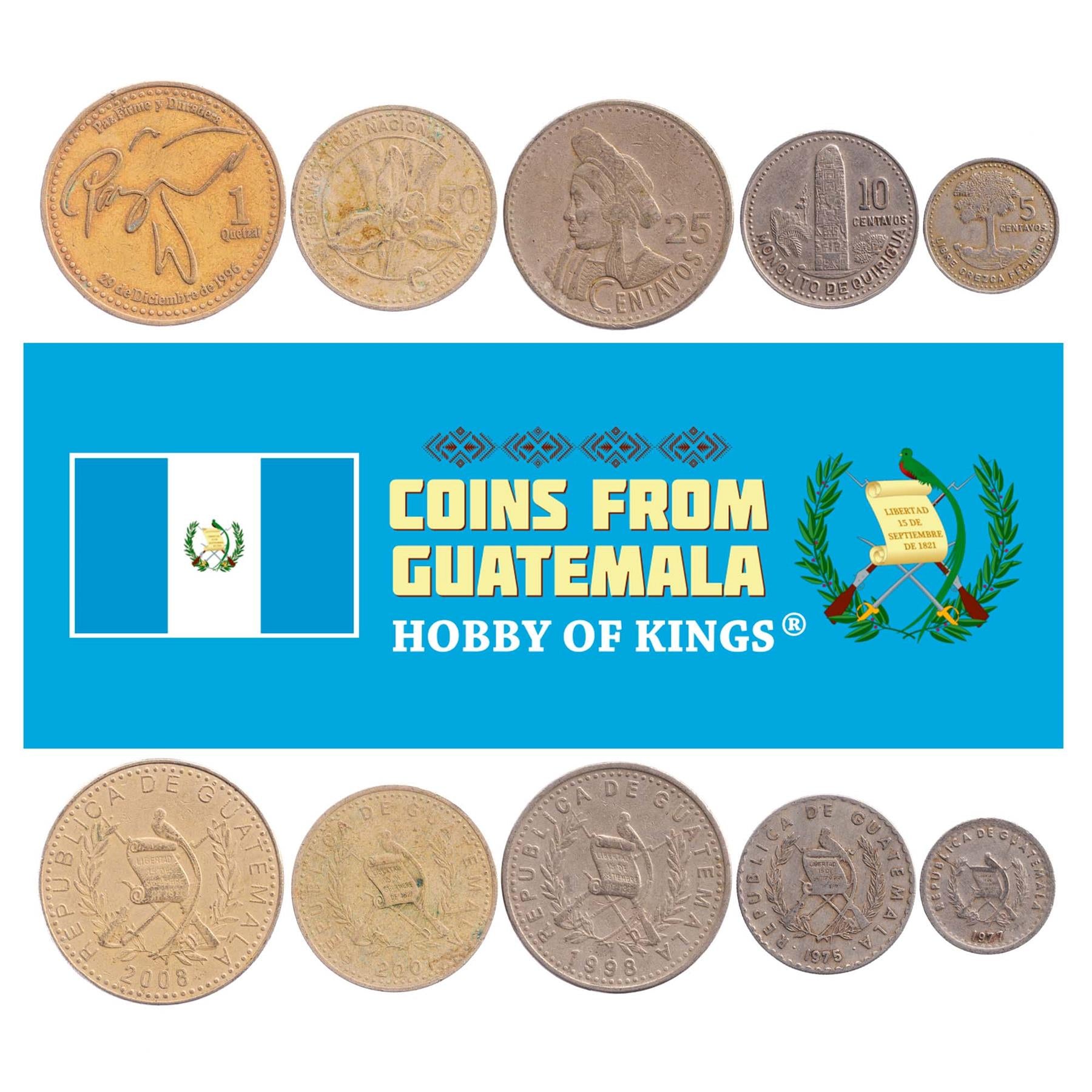 Hobby Of Kings Different Coins - Old Collectible Guatemalan Foreign Currency For Collecting Book - Unique Commemorative World Money Sets - Gifts For Collectors - Collection Of 5