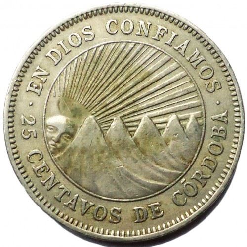 Nicaragua | 25 Centavos Coin | Explorer | Sun | Volcanos | Km:18.1 | 1939 - 1956