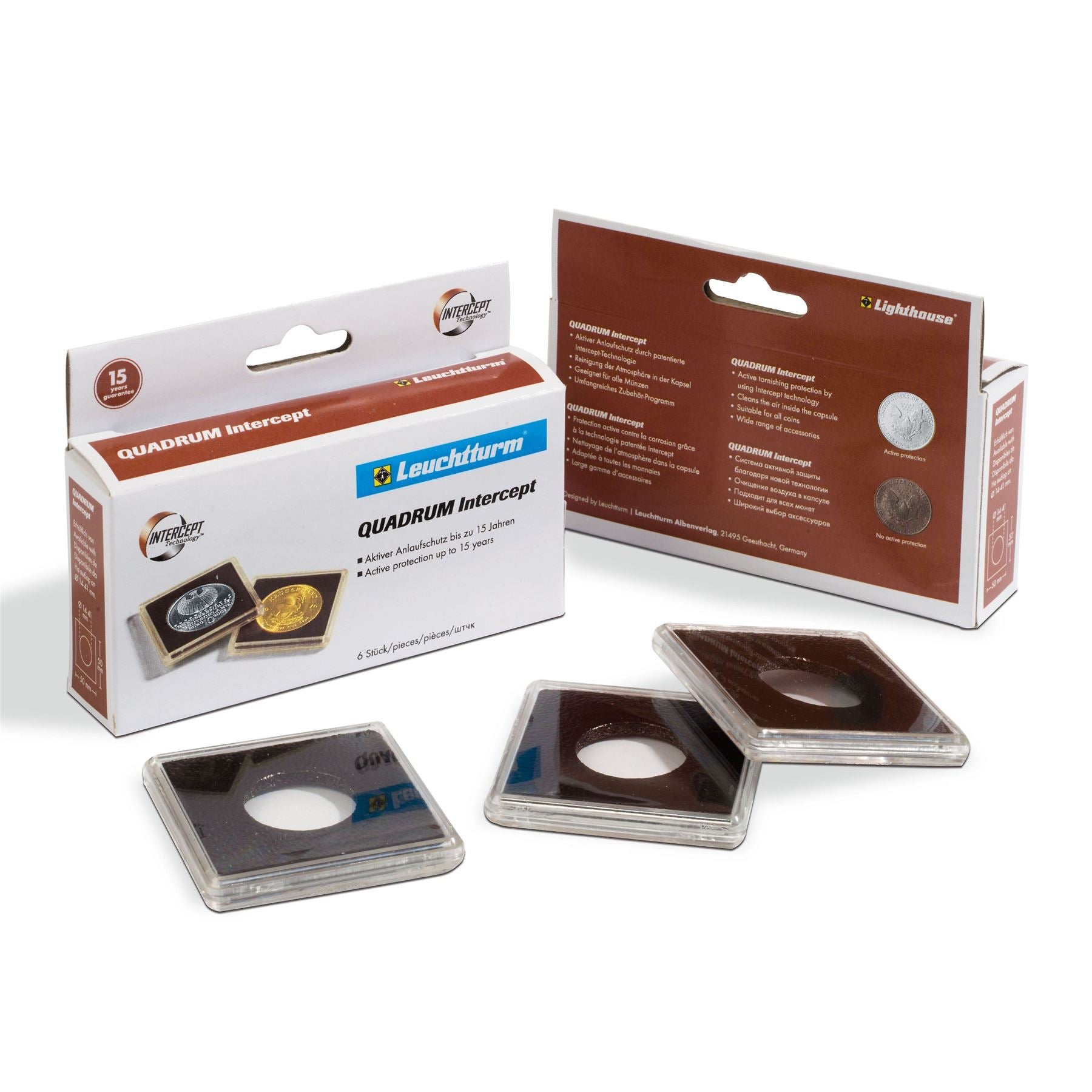 QUADRUM INTERCEPT Square Capsules with Tarnish Protection | 50x50x6.25mm | 10-41mm Diameter | Up to 3.3mm Thickness | Packs of 6