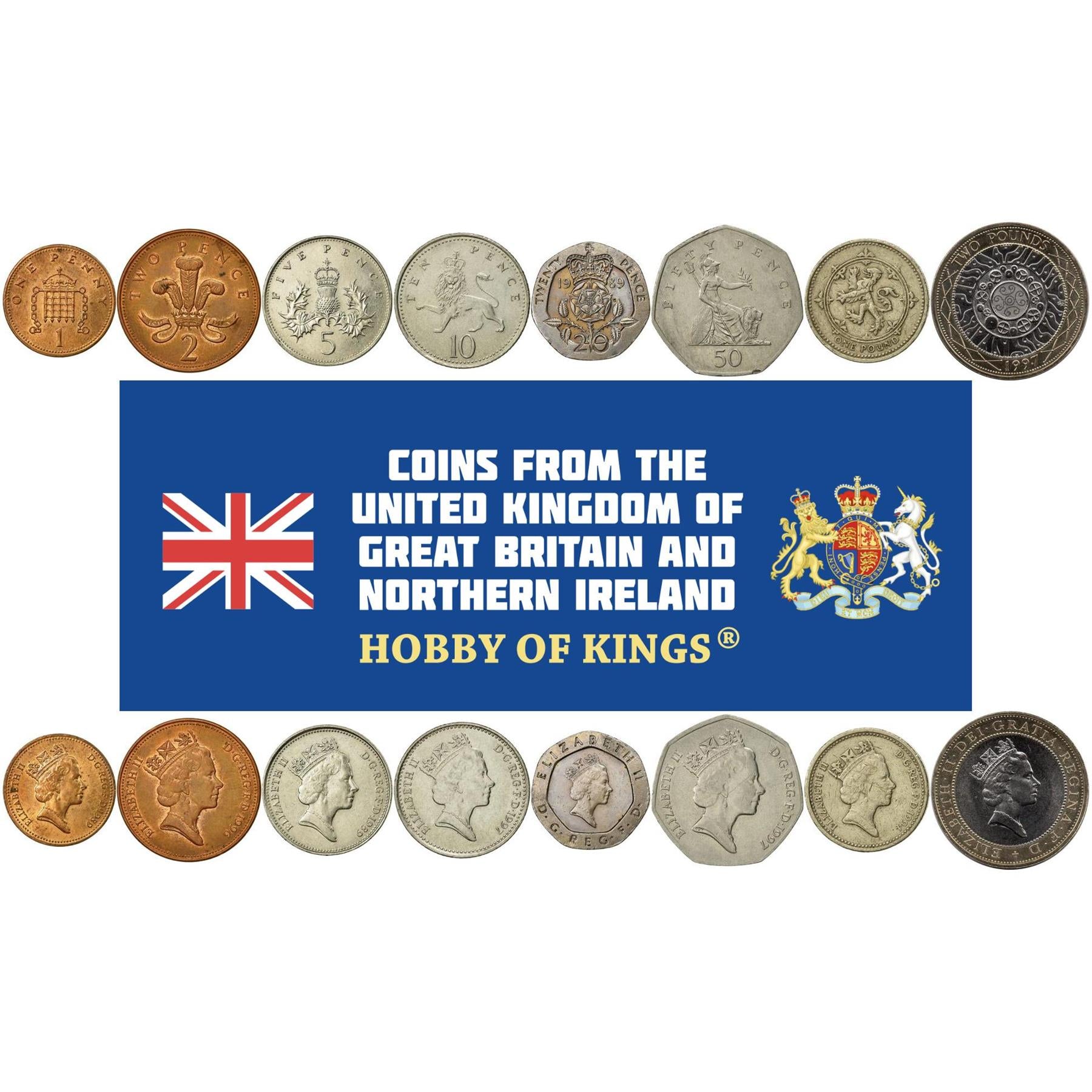 Vereinigtes Königreich | 8 Münzen Set | 1 Penny 2 5 10 20 50 Pence 1 Pfund 2 Pfund | 1985 - 1997