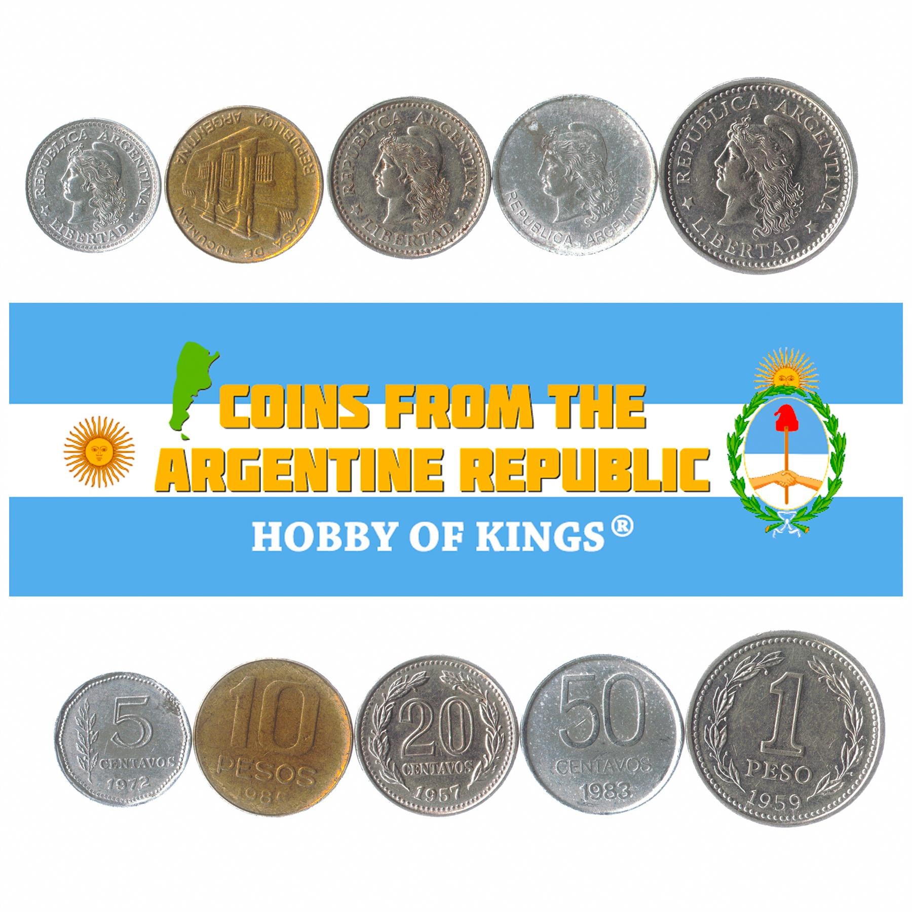 5 Argentinian Coins Centavos Pesos Mixed Currency From Argentina 1954-2021
