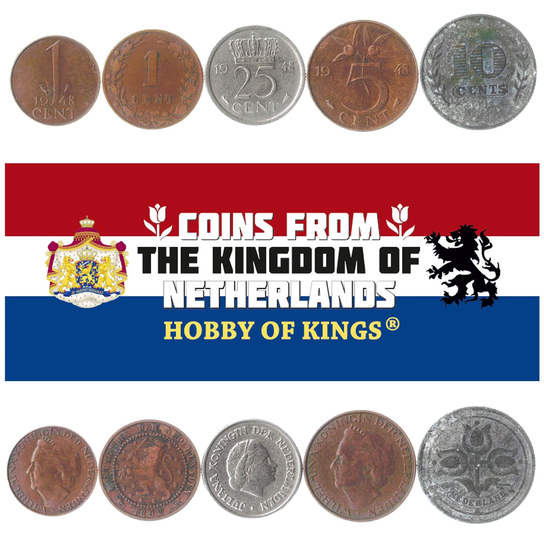 5 Different Old Coins Netherlands Holland Valuable Dutch Money 1849-1950