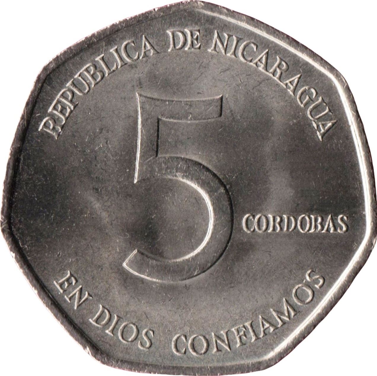 Nicaragua | 5 Cordobas Coin | Augusto Nicolás Sandino | Revolutionary | Km:44 | 1980