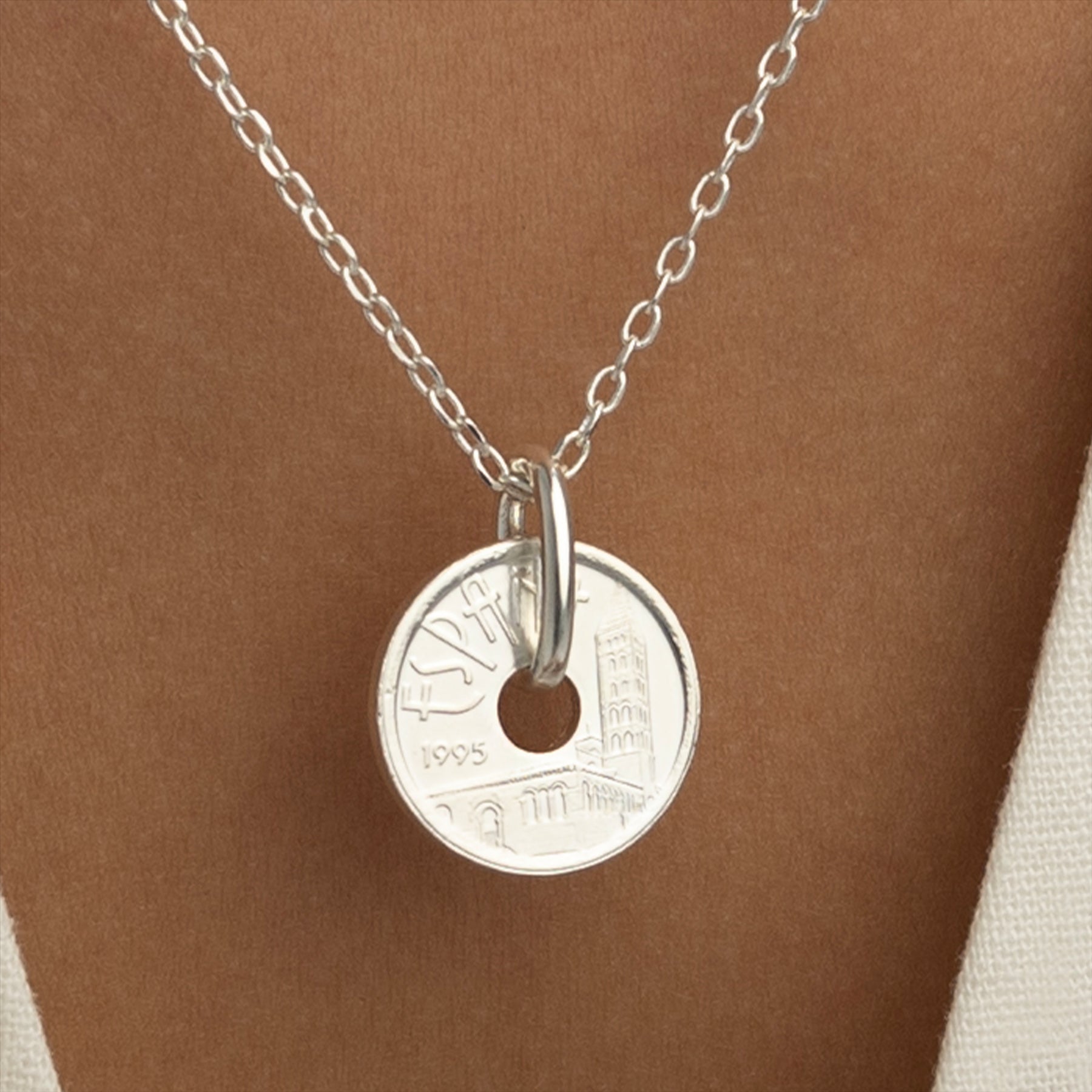 Spanish Coin Necklace | Medallion Pendant Jewelry | Rhodium Plated 5 Pesetas | Castile and Leon | 1995
