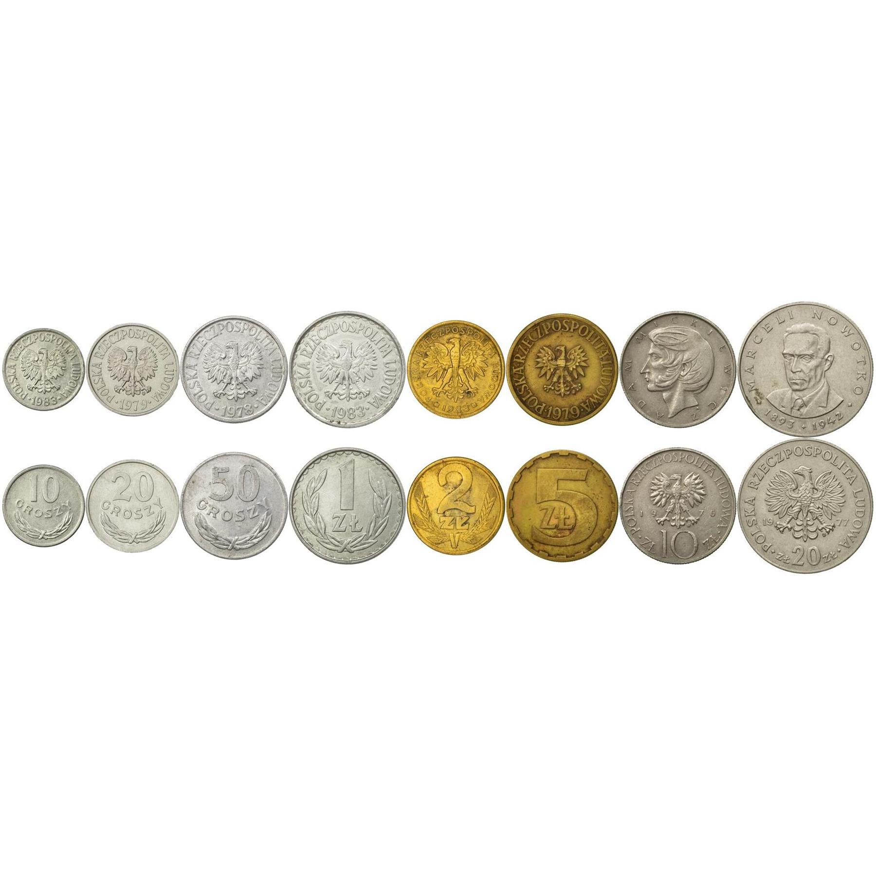 Poland | 8 Coin Set | 10 20 50 Groszy 1 Zloty 2 5 10 20 Zlotys | 1975 - 1985