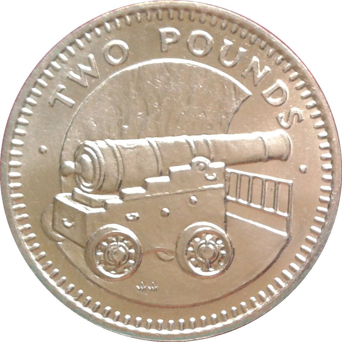 Gibraltar | 2 Pounds Coin | Queen Elizabeth II | Cannon | KM24 | 1988 - 1997