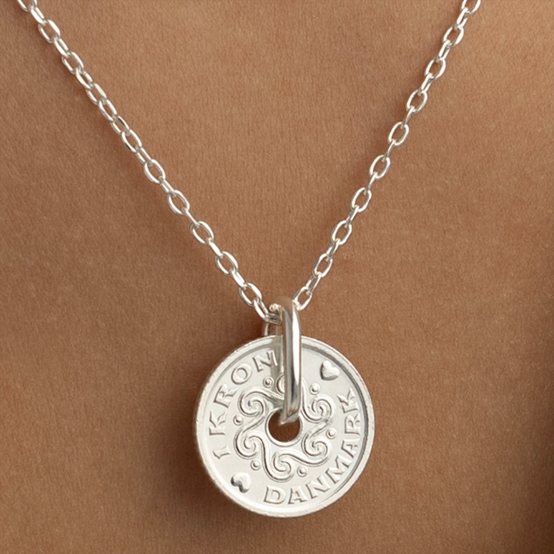 Danish Coin Necklace | Medallion Pendant Jewelry | Rhodium Plated 1 Krone | Denmark | 1992 - 2023