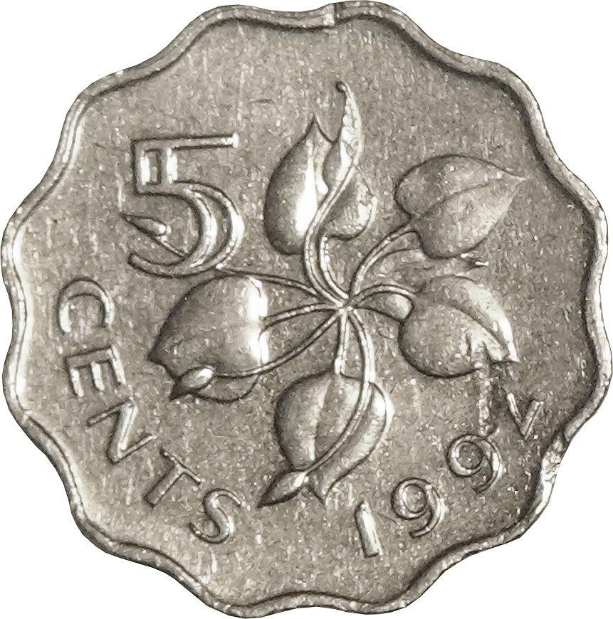 Svazilando Karalystė | 5 centų moneta | Karalius Msvati III | Arumo lelija | KM:40.2 | 1992