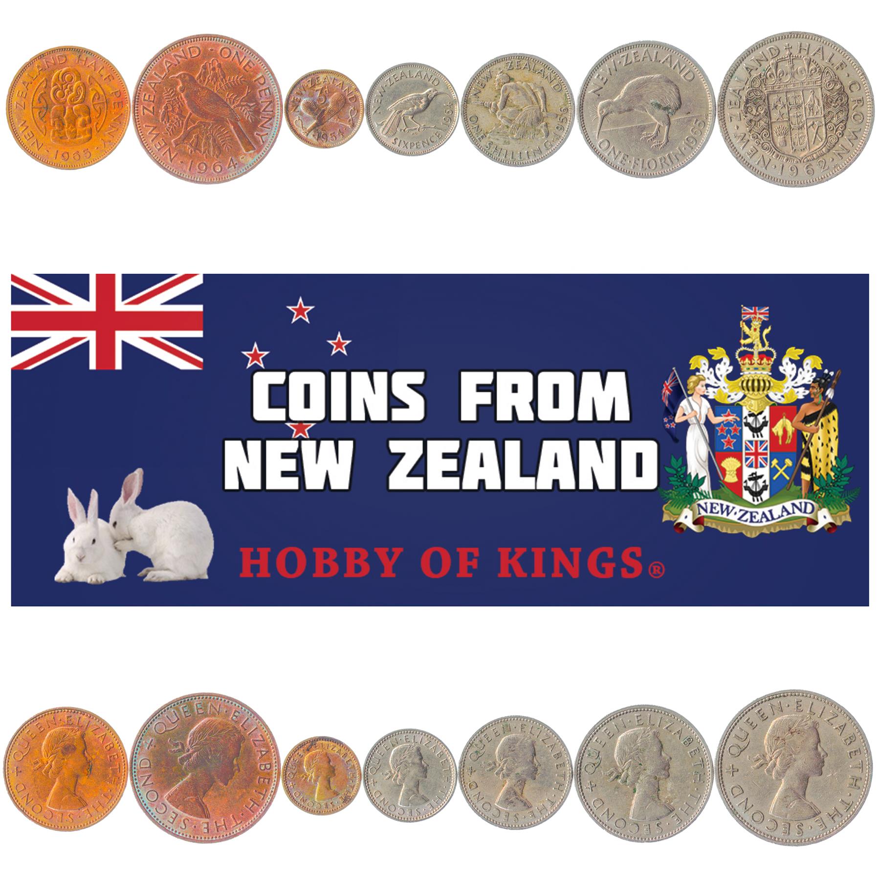 New Zealand | 7 Coin Set | 1/2 1 Penny 3 6 Pence 1 Shilling 1 Florin 1/2 Crown | 1953 - 1965