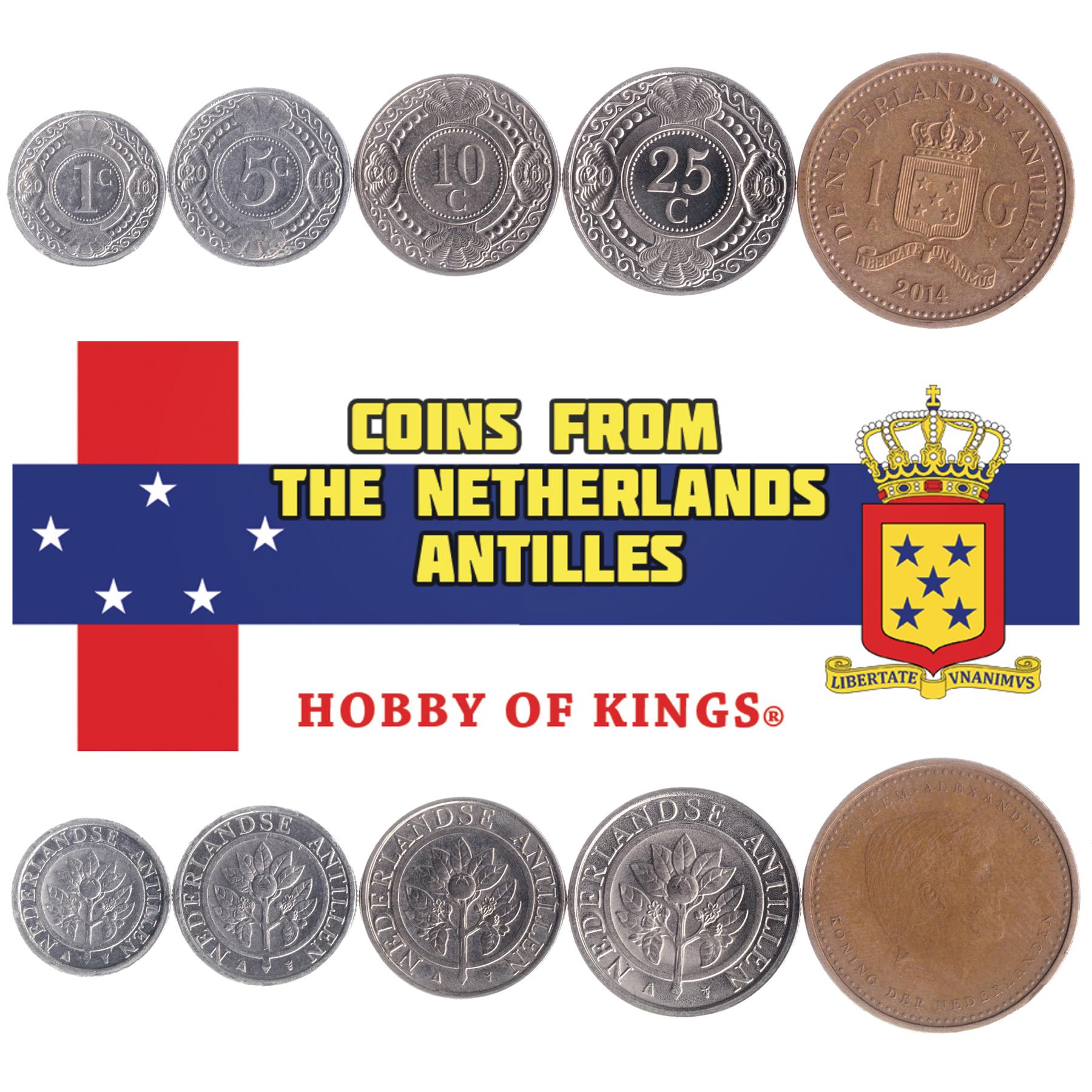 Netherlands Antillean 5 Coin Set 1 5 10 25 Cents 1 Gulden | Willem Alexander | Orange Blossom | Netherlands Antilles | 2014 - 2016