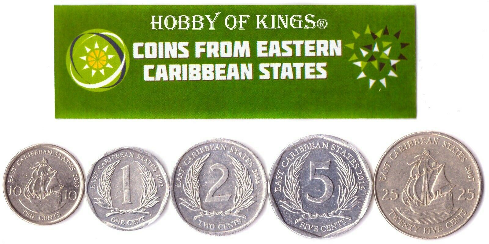 5 Mixed Coins From The Eastern Caribbean States (OECS) | Cent - Dollar | 1955 - 2020