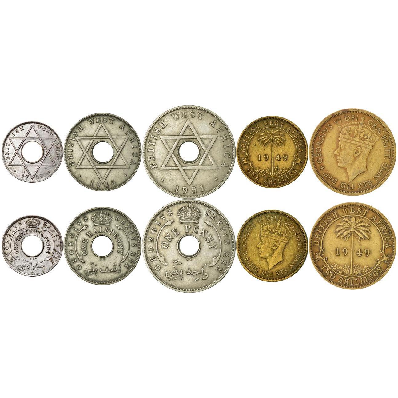 British West Africa | 5 Coin Set | 1/10 1/2 1 Penny 1 Shilling 2 Shillings | 1949 - 1952
