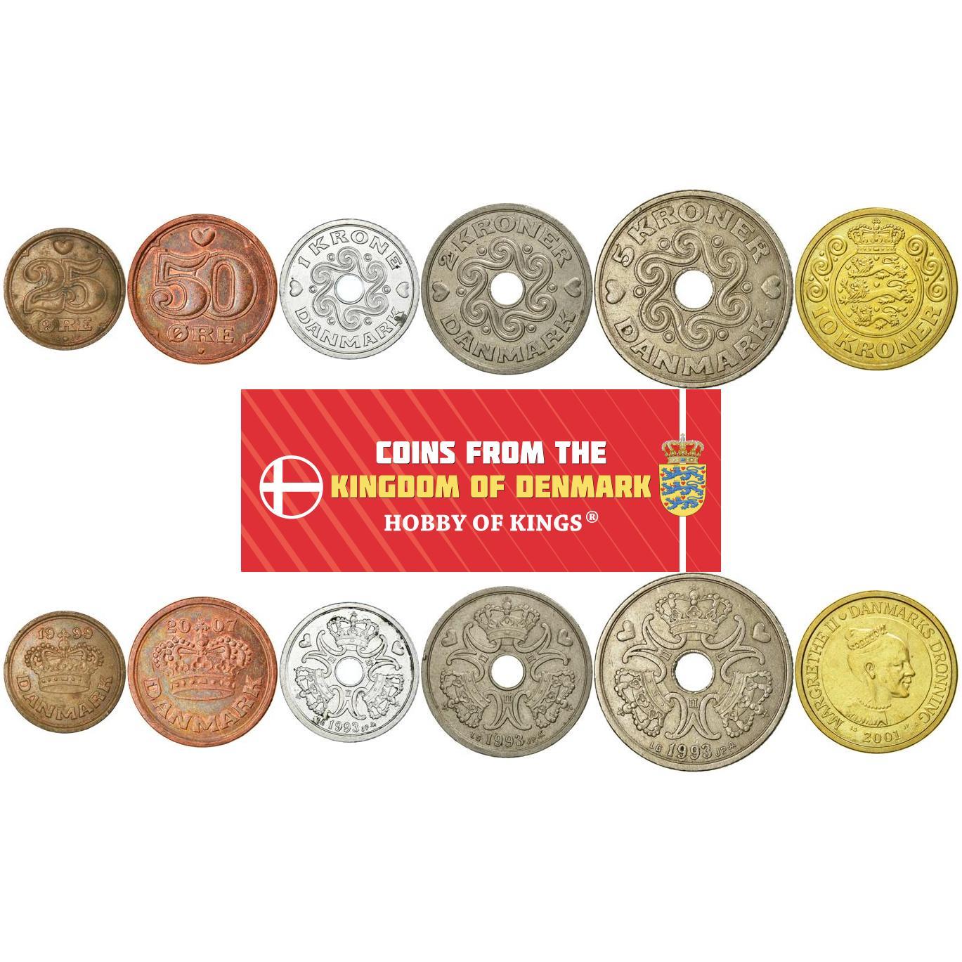 Denmark | 6 Coin Set | 25 50 Ore 1 Krone 2 5 10 Kroner | 1989 - 2021