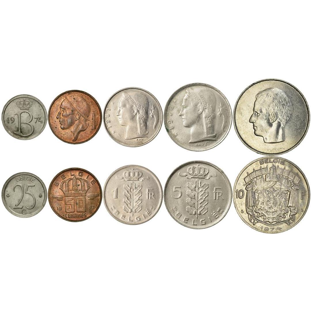 Belgium | 5 Coin Set | 25 50 Centimes 1 Franc 5 10 Francs | 1956 - 1988