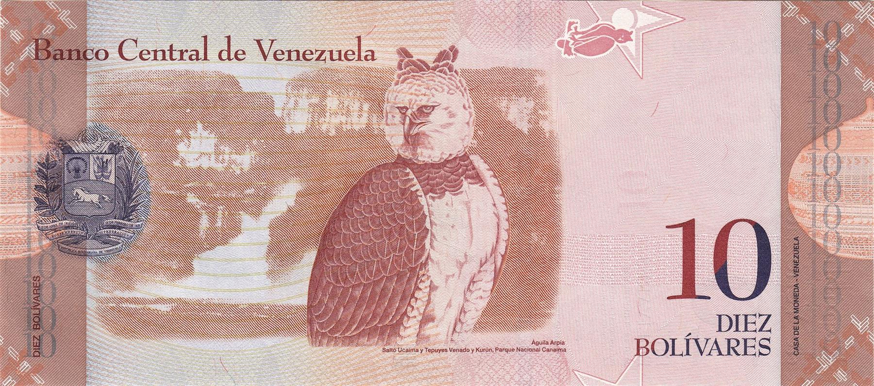 Venezuela | 10 Bolivares Banknote | 2007 - 2014 | Cacique Guaicaipuro | Spears | Masks | Harpy Eagle | Canaima National Park