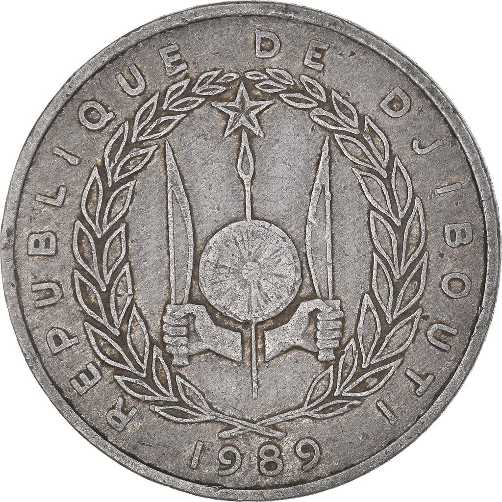 Djibouti | 5 Francs Coin | Knife | Spear | Shield | Waterbuck | Km:22 | 1977 - 1999
