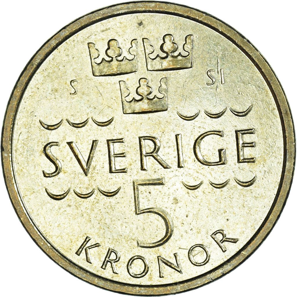 Sweden | 5 Kronor Coin | Crown | Monogram | Waves | Km:930 | 2016