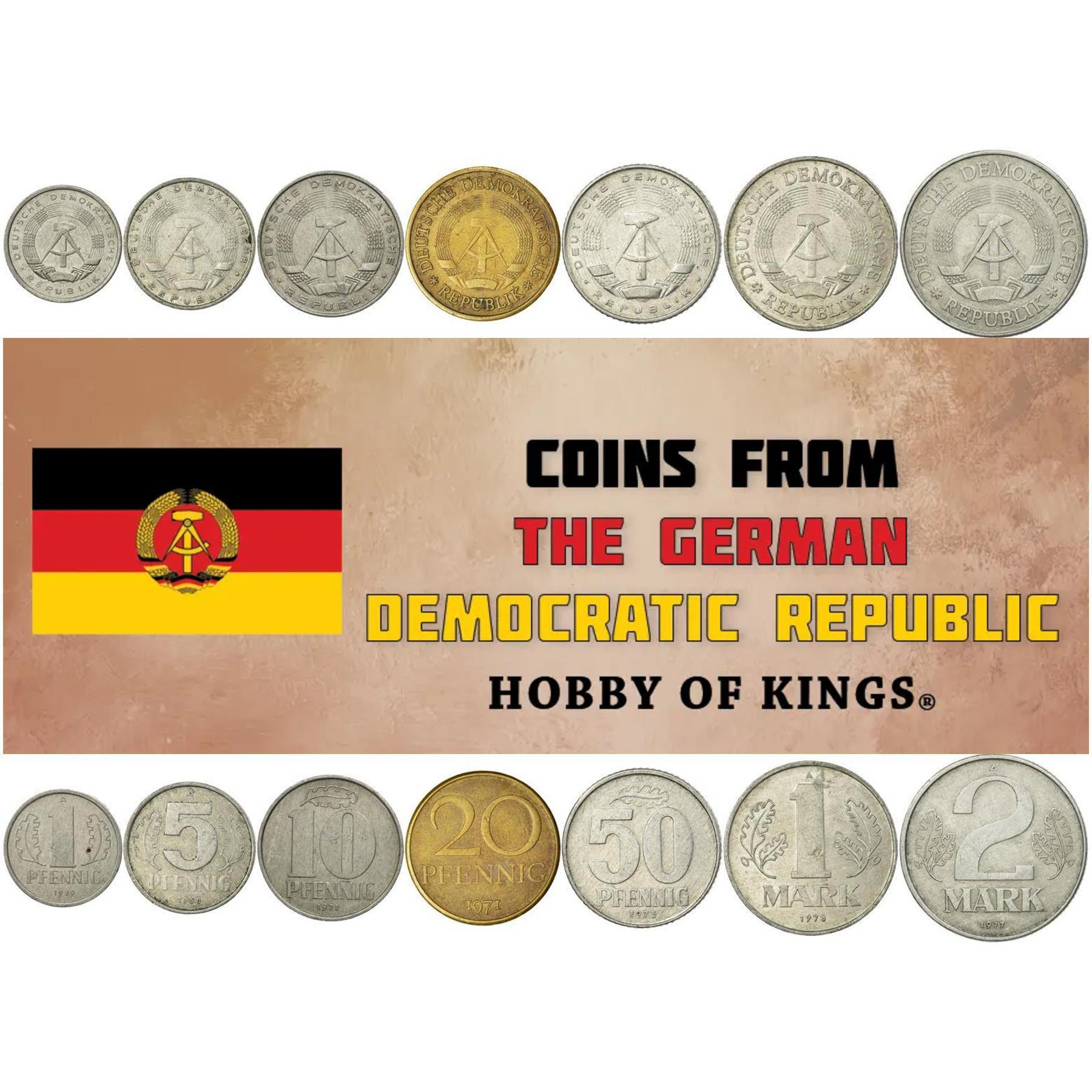 German Democratic Republic | 7 Coin Set | 1 5 10 20 50 Pfennig 1 2 Mark | 1958 - 1990