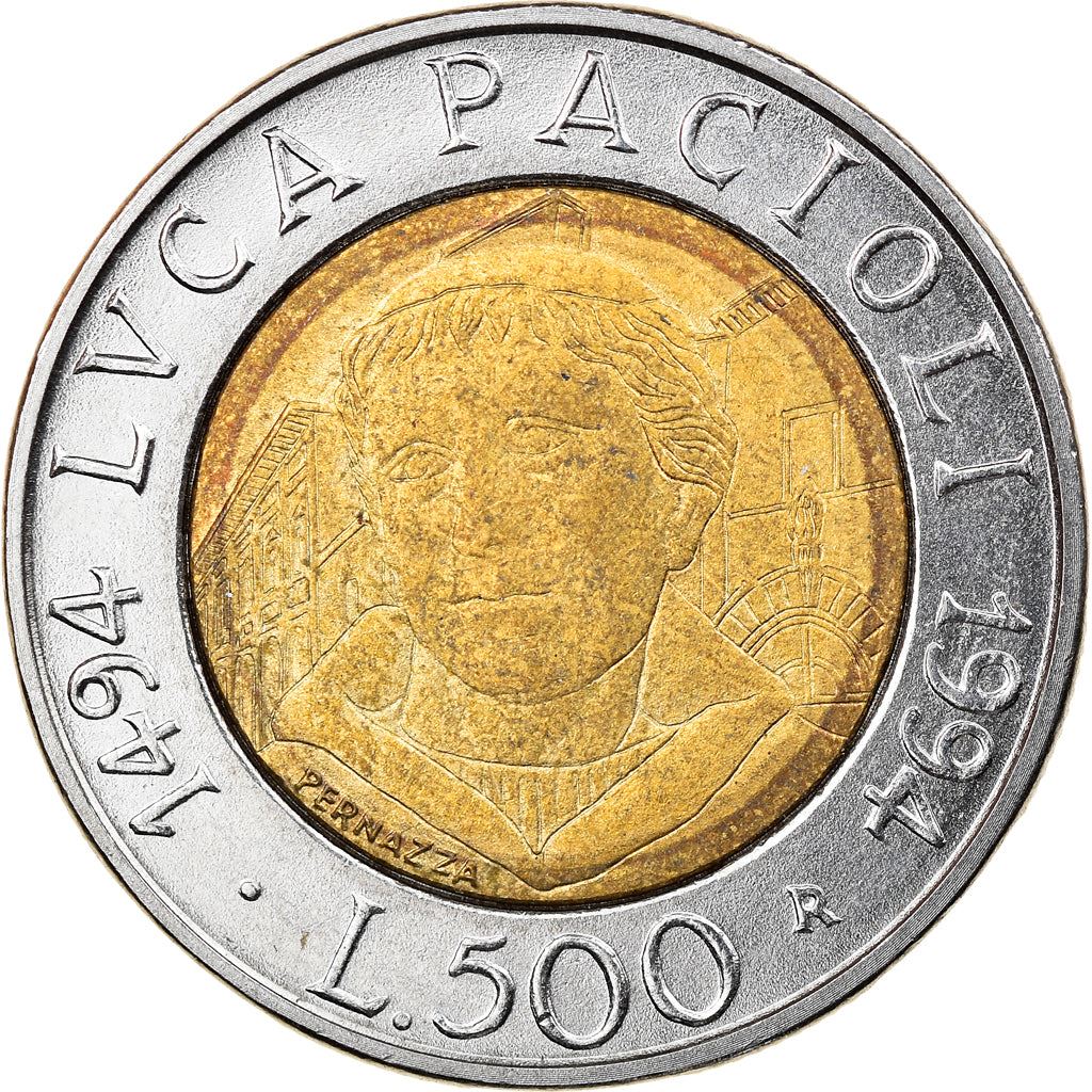 Italy | 500 Lire Coin | Luca Pacioli | Km:167 | 1994