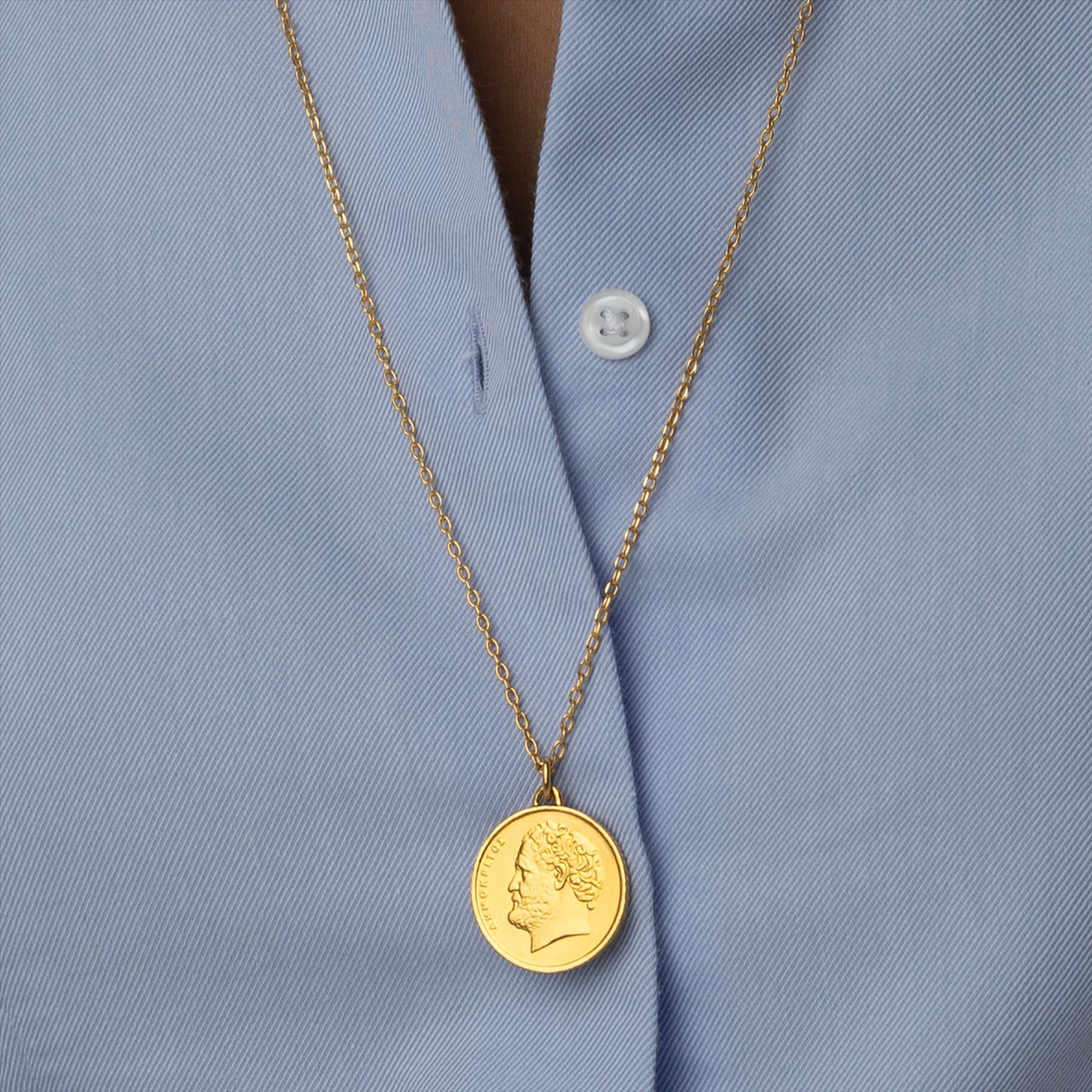 Greek Coin Necklace | Medallion Pendant Jewelry | 18K Gold Plated 10 Drachmes | Democritus | 1976 - 2000