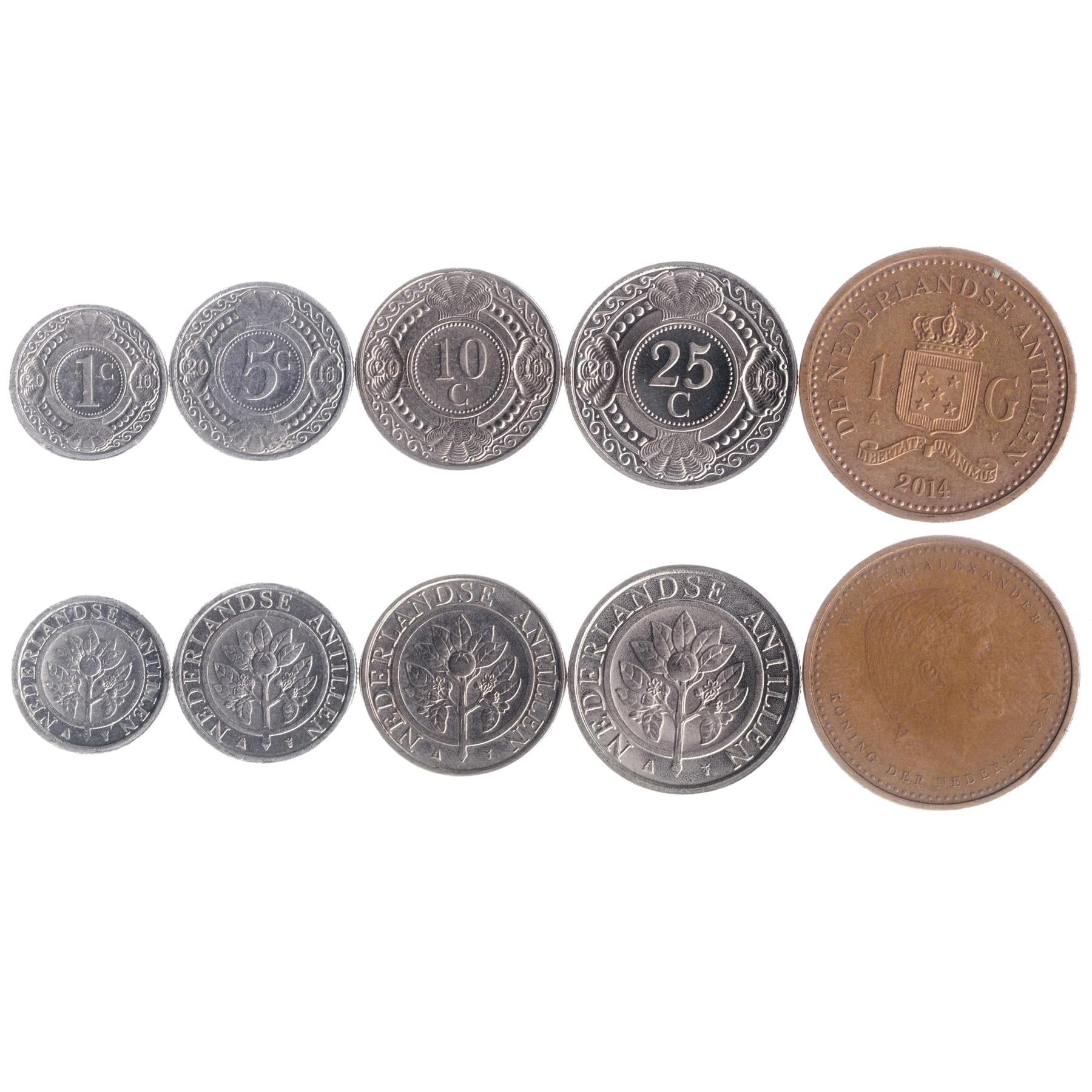 Netherlands Antillean 5 Coin Set 1 5 10 25 Cents 1 Gulden | Willem Alexander | Orange Blossom | Netherlands Antilles | 2014 - 2016