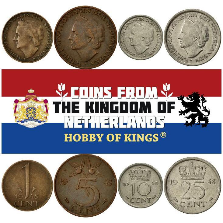 Netherlands | 4 Coin Set | 1 Cent 5 10 25 Cents | 1948