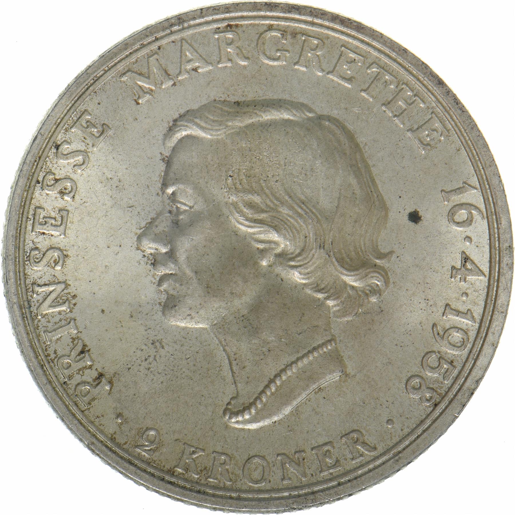 Denmark | 2 Kroner Coin | Silver | Princess Margrethe's 18th Birthday | KM:845 | 1958