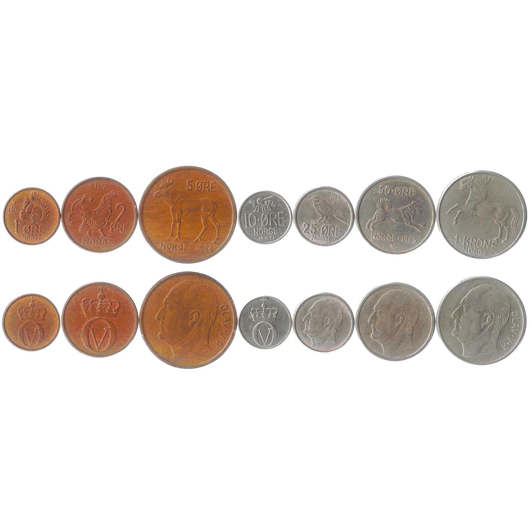 Norway 7 Coin Set 1 2 5 10 25 50 Ore 1 Krone | King Olav V | Elk | Horse | Grouse | Chickadee | Elkhound | Bee | 1958 - 1973