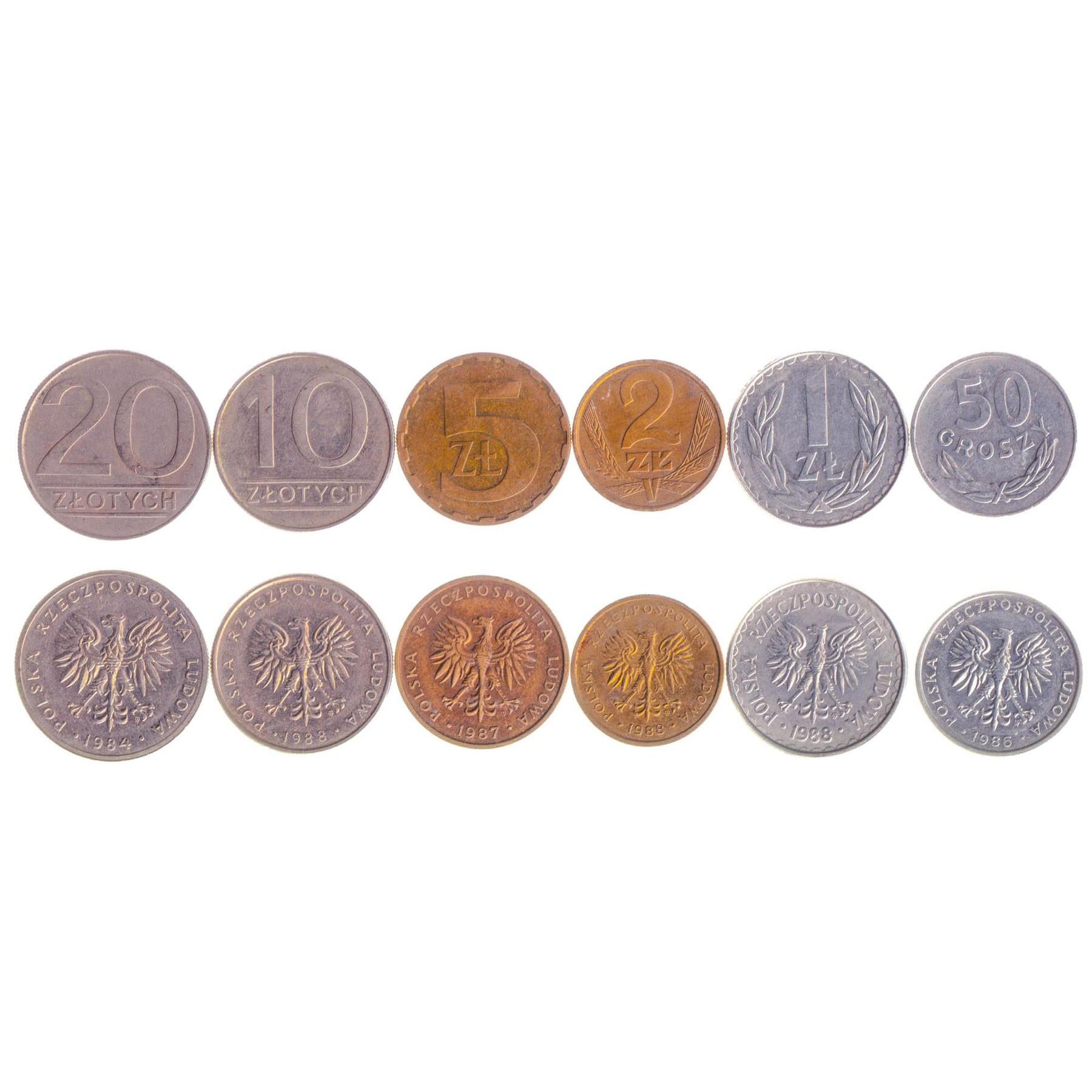 Polish 6 Coin Set 50 Grosz 1 2 5 10 20 Złoty | White Crowned Eagle | Poland | 1984 - 1988