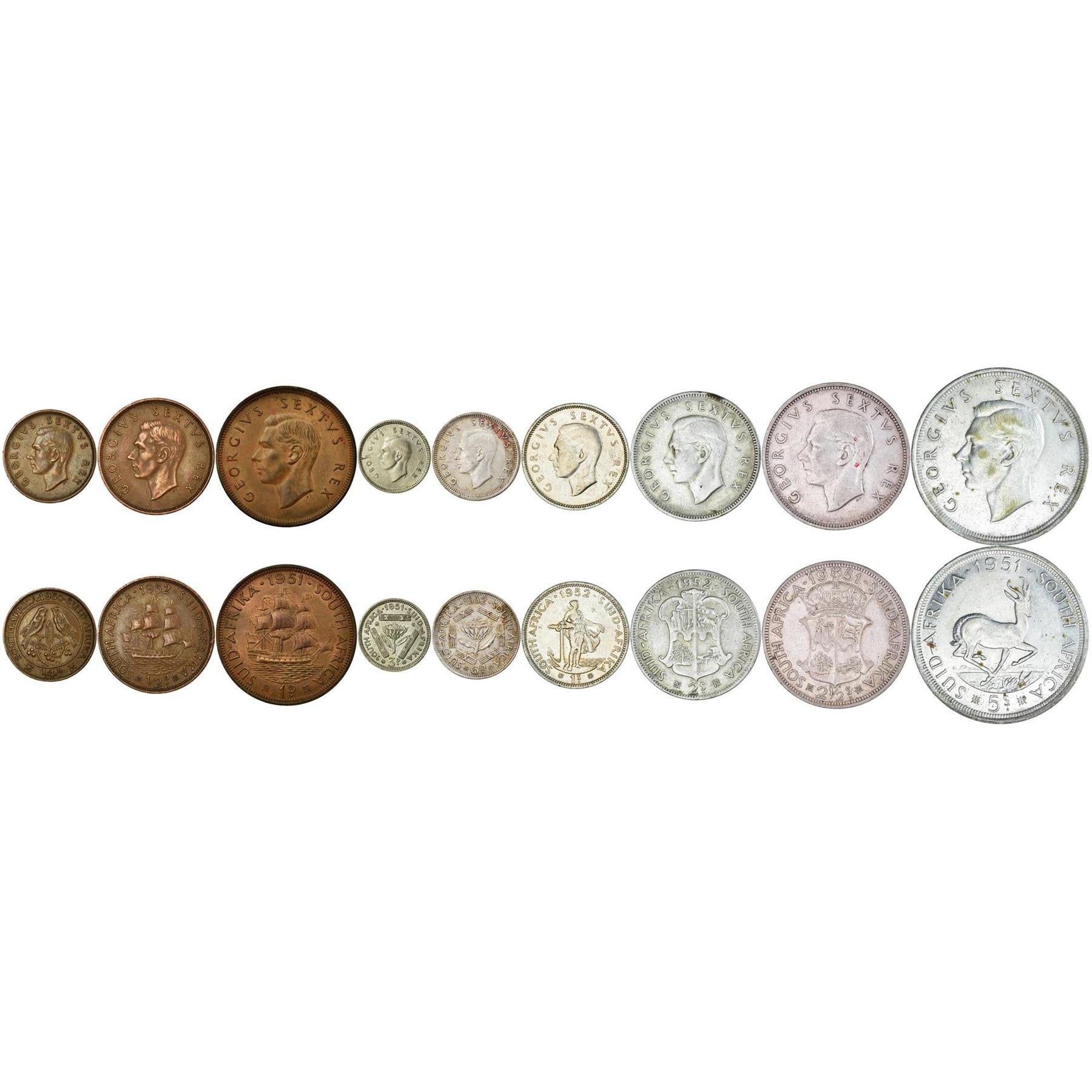 South Africa | 9 Coin Set | 1/4 1/2 1 Penny 3 6 Pence 1 Shilling 2 2 1/2 5 Shillings | 1951 - 1952