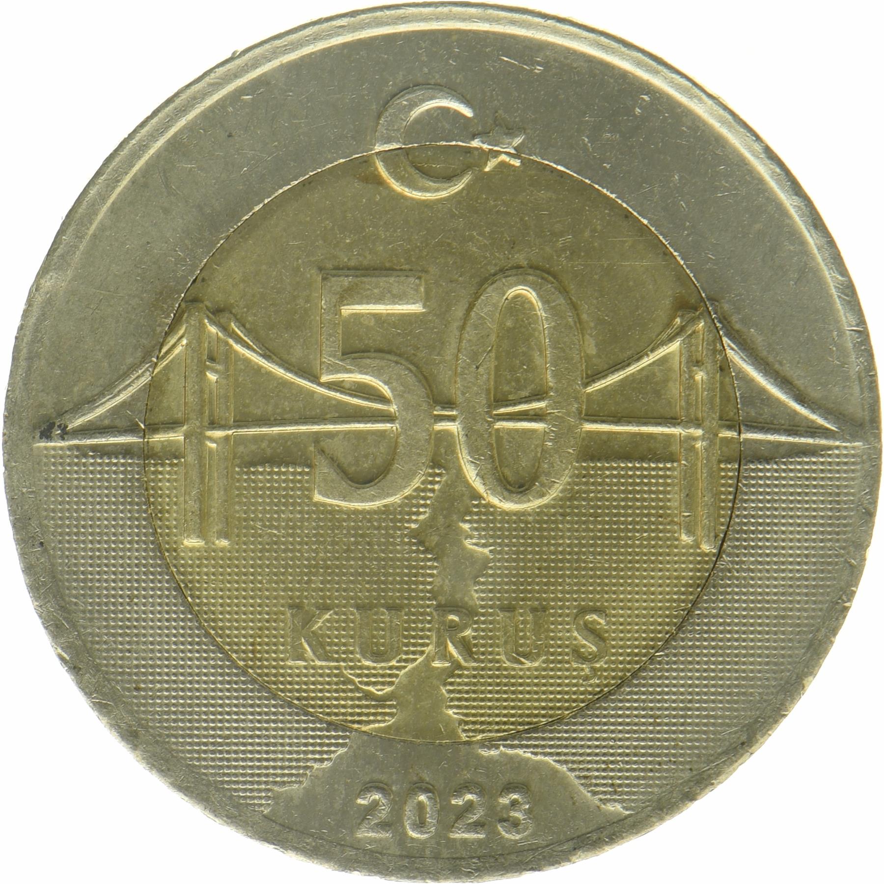 تركيا | عملة 50 قروش | مصطفى كمال أتاتورك | هلال | نجمة | جسر إسطنبول المعلق | KM:1574 | 2023 - 2026