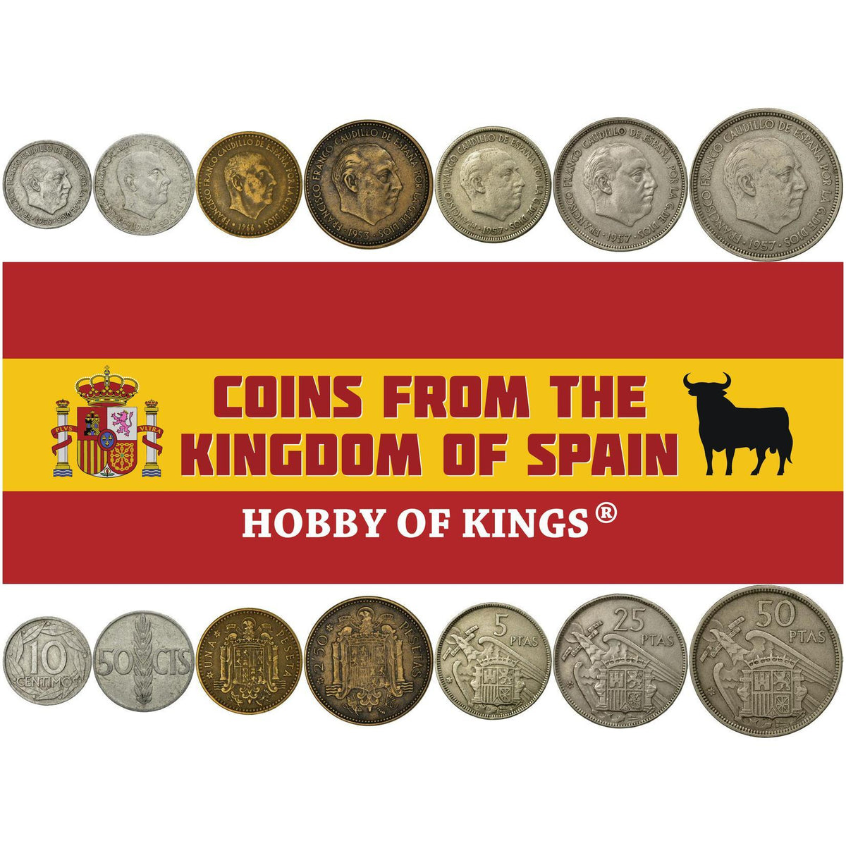 Set di 7 monete spagnole 10 50 Céntimos 1 2,5 5 25 50 Pesetas | Francisco Franco | Spagna | 1946 - 1966