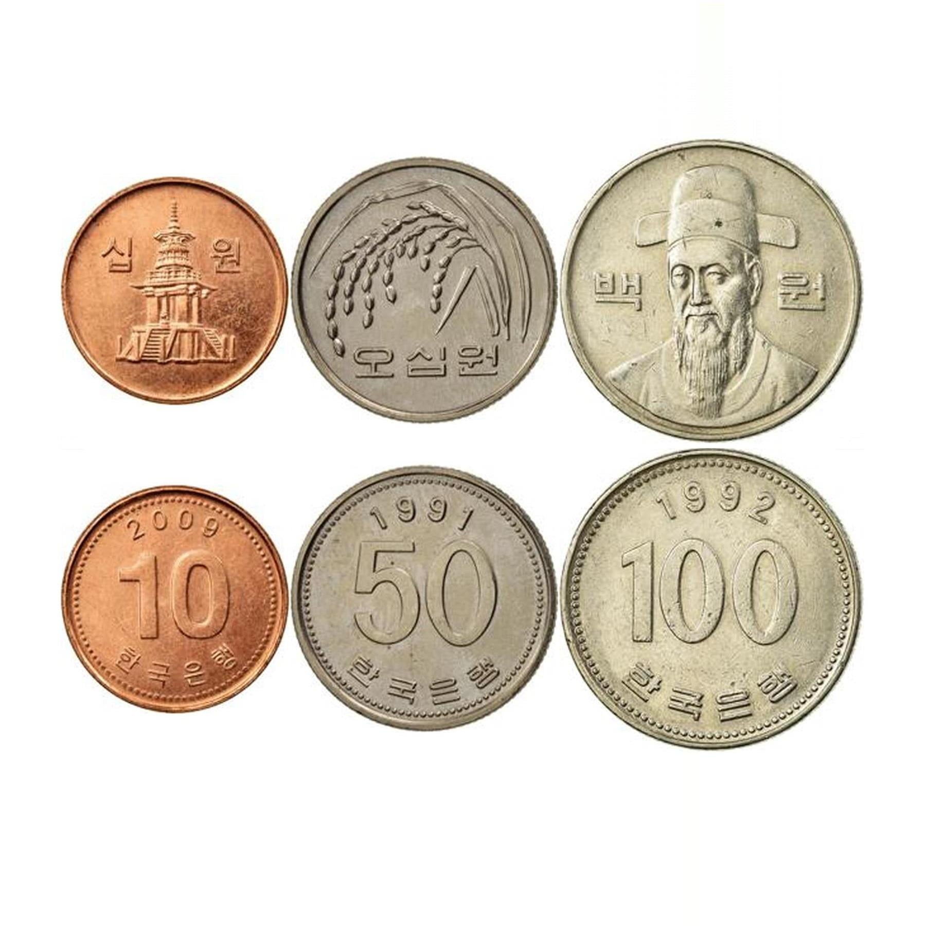 South Korea | 3 Coin Set | 10 50 100 Won | Dabotap Pagoda | FAO | Rice plant | Admiral Yi Sun-sin | 1983 - 2022