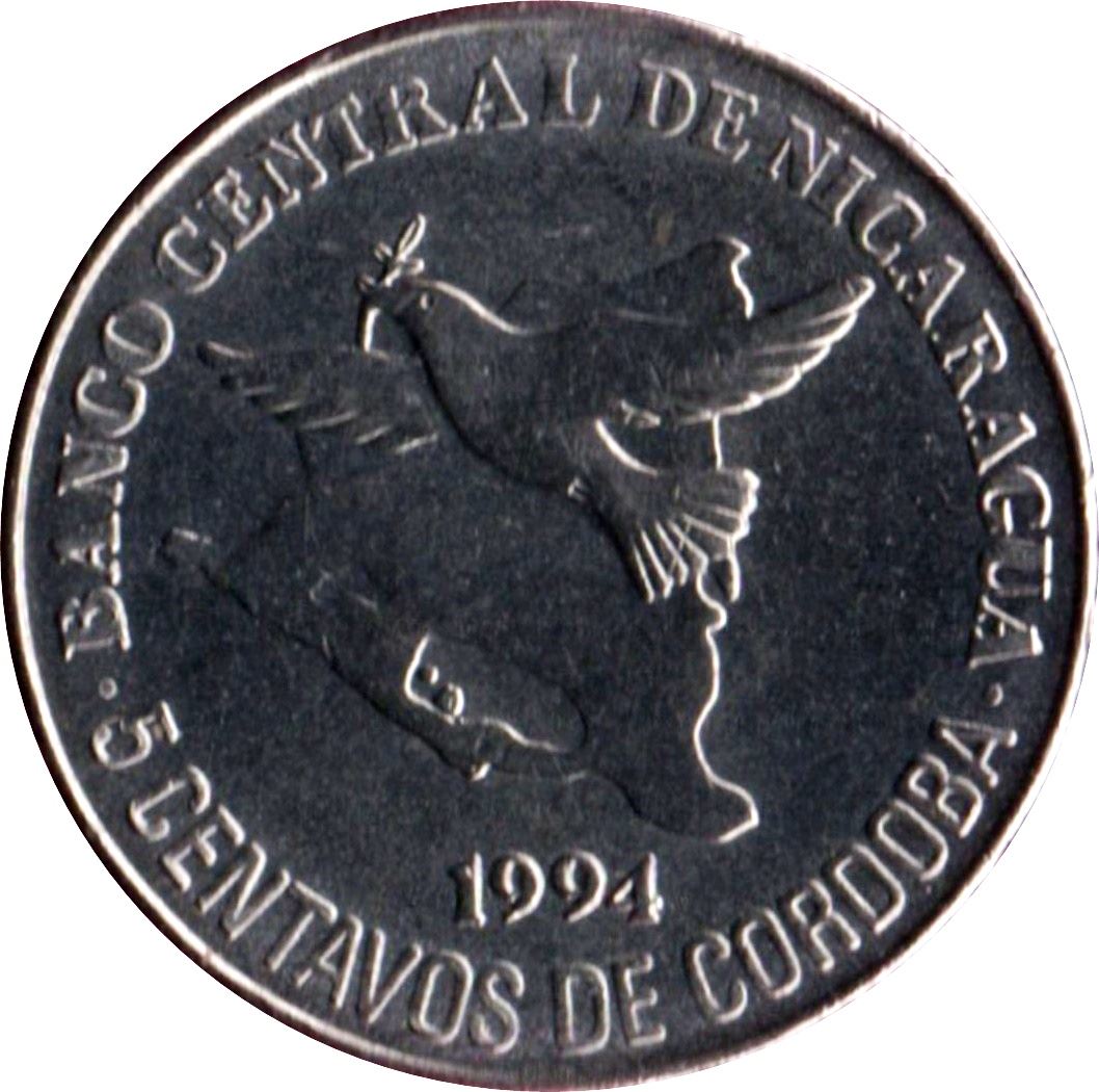 Nicaragua Coin Nicaraguan 5 Centavos Coin | Peace Dove | KM80 | 1994