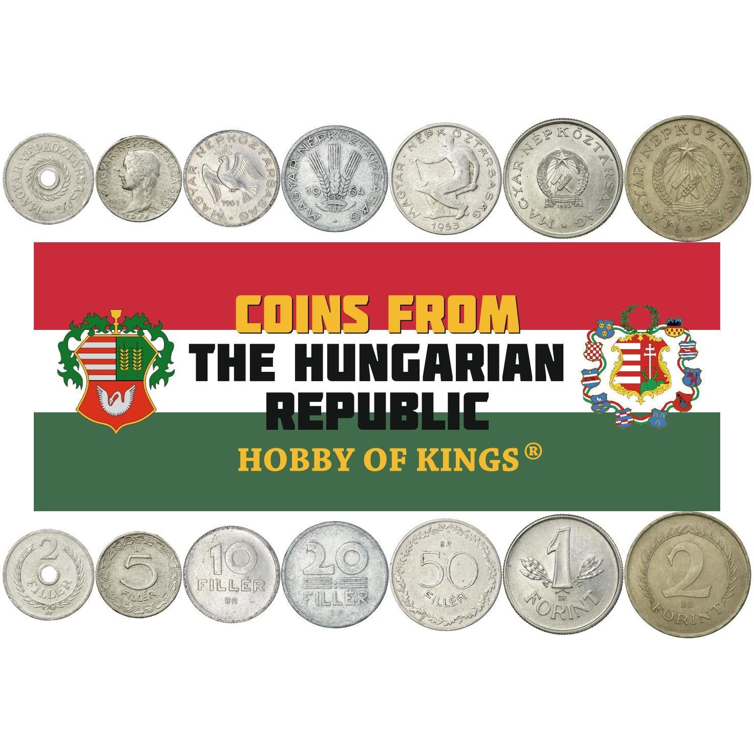 Ungarsk 7 Møntsæt 2 5 10 20 50 Filler 1 2 Forint | Due | Fru Hungaria | Ungarn | 1949 - 1966