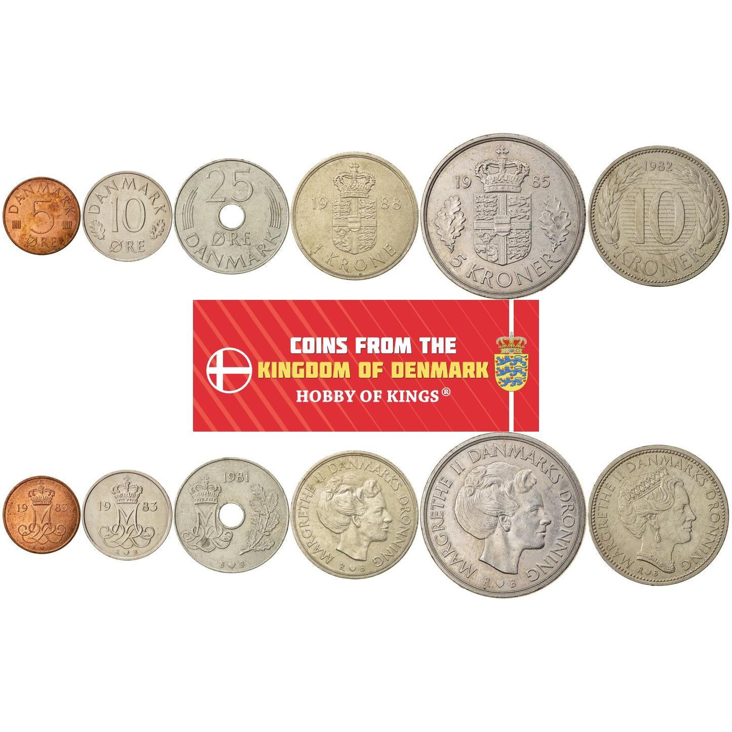 Denmark | 6 Coin Set | 5 10 25 Ore 1 Krone 5 10 Kroner | 1973 - 1989