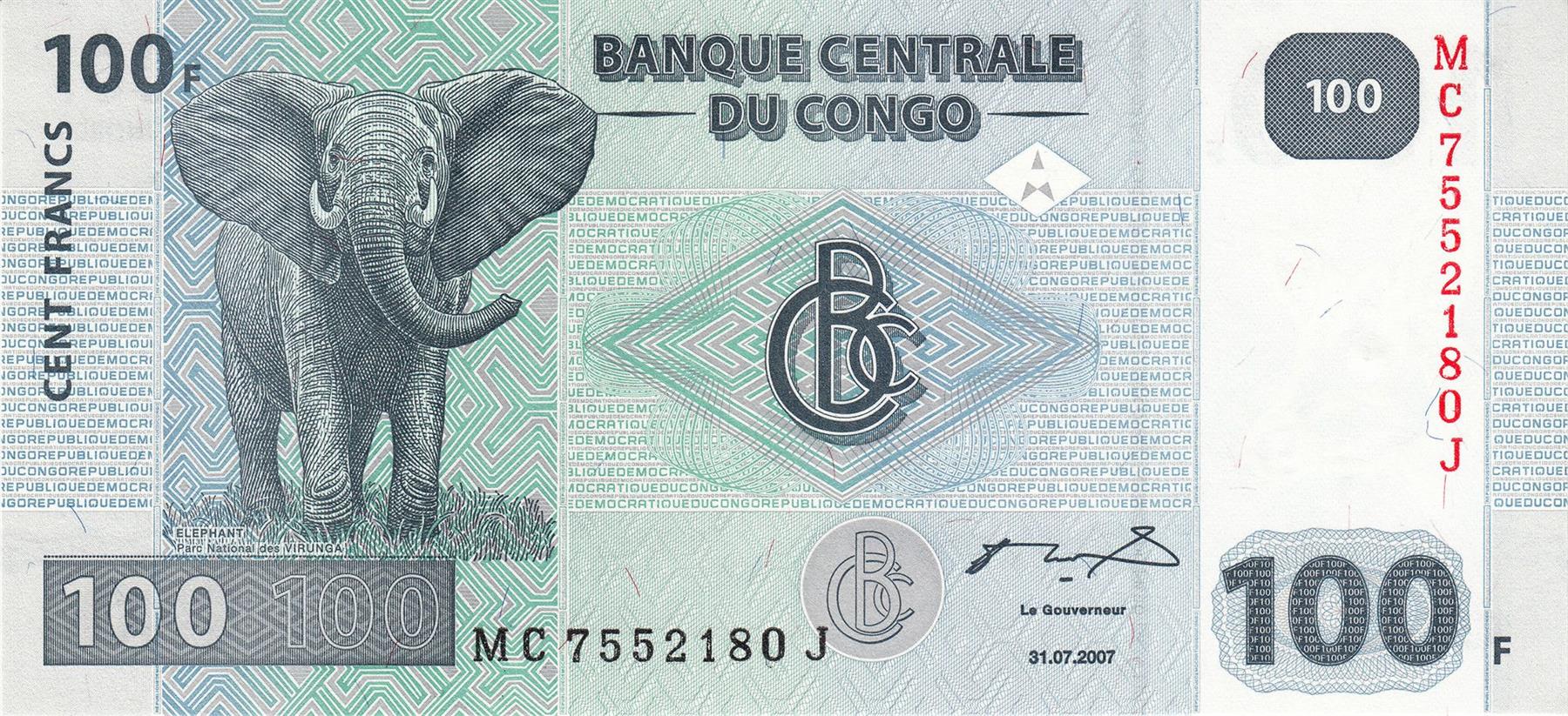 República Democrática del Congo | Billete de 100 francos | 2007 - 2022 | Elefante de la sabana africana | Líneas eléctricas | Presa y central eléctrica