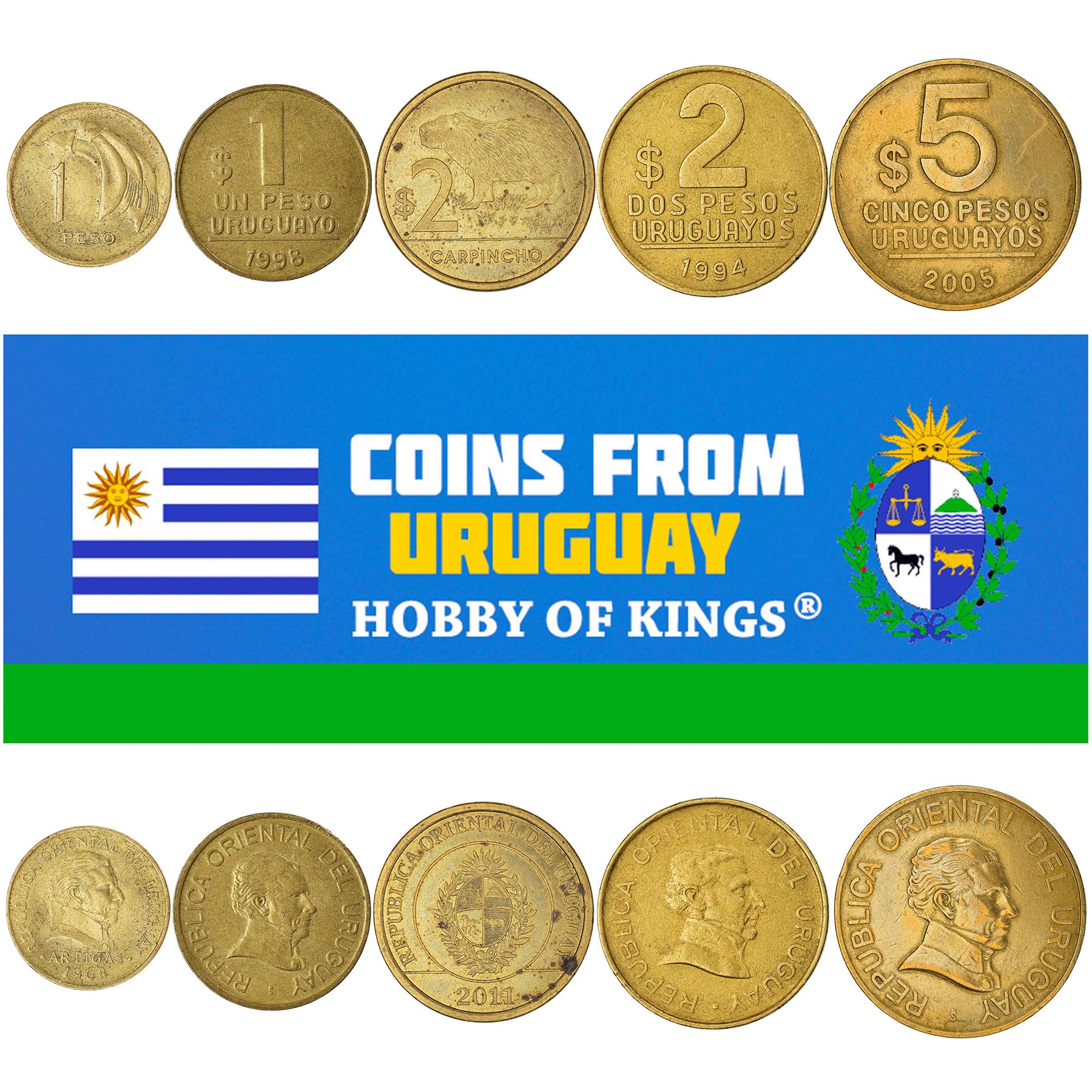 Hobby Of Kings Different Coins - Old Collectible Uruguayan Foreign Currency For Collecting Book - Unique Commemorative World Money Sets - Gifts For Collectors - Collection Of 5