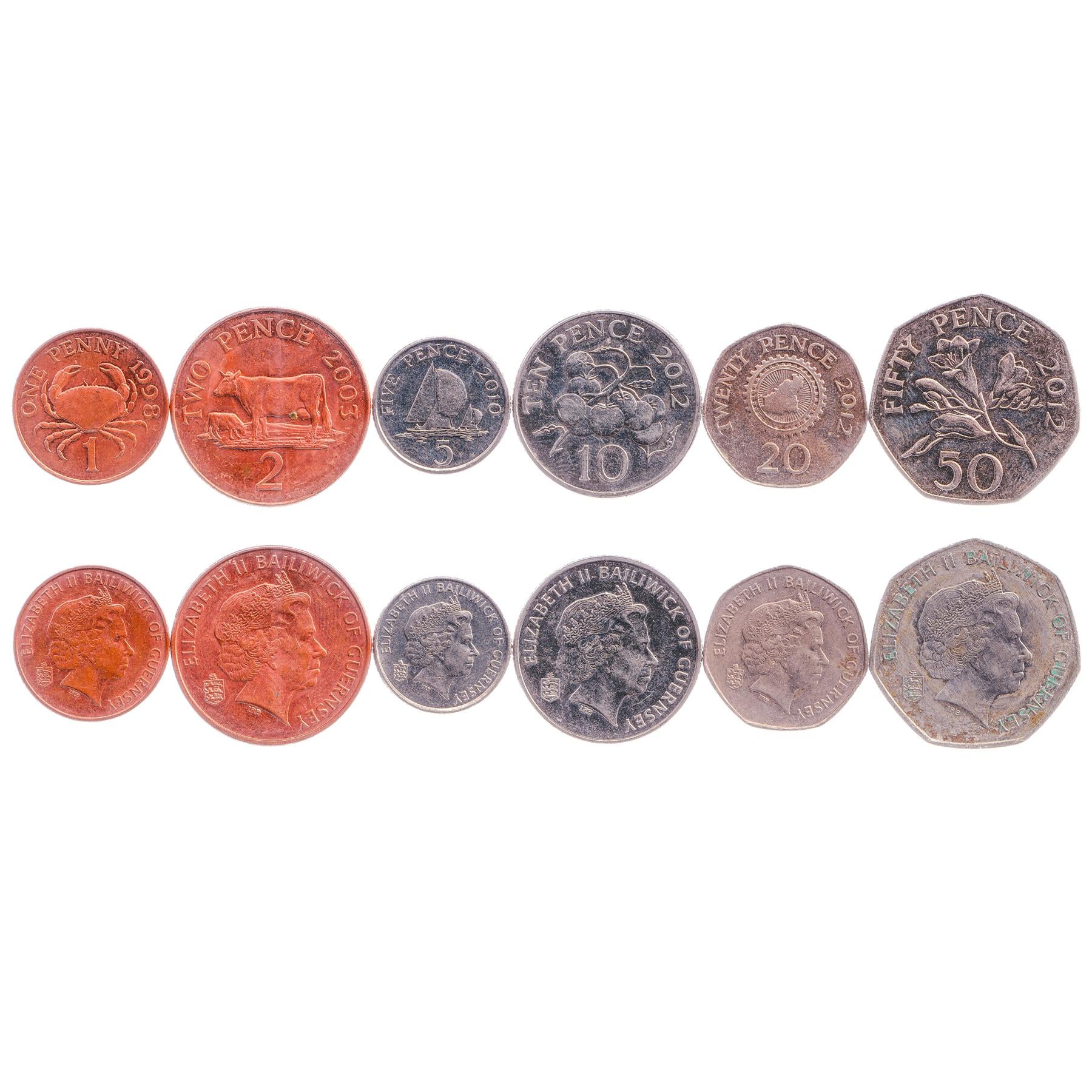 Giernésiais 6 Coin Set 1 2 5 10 20 50 Pence | Elizabeth II | Cattle | Crab | Tomato | Freesia | Cogwheel | Guernsey | 1998 - 2012