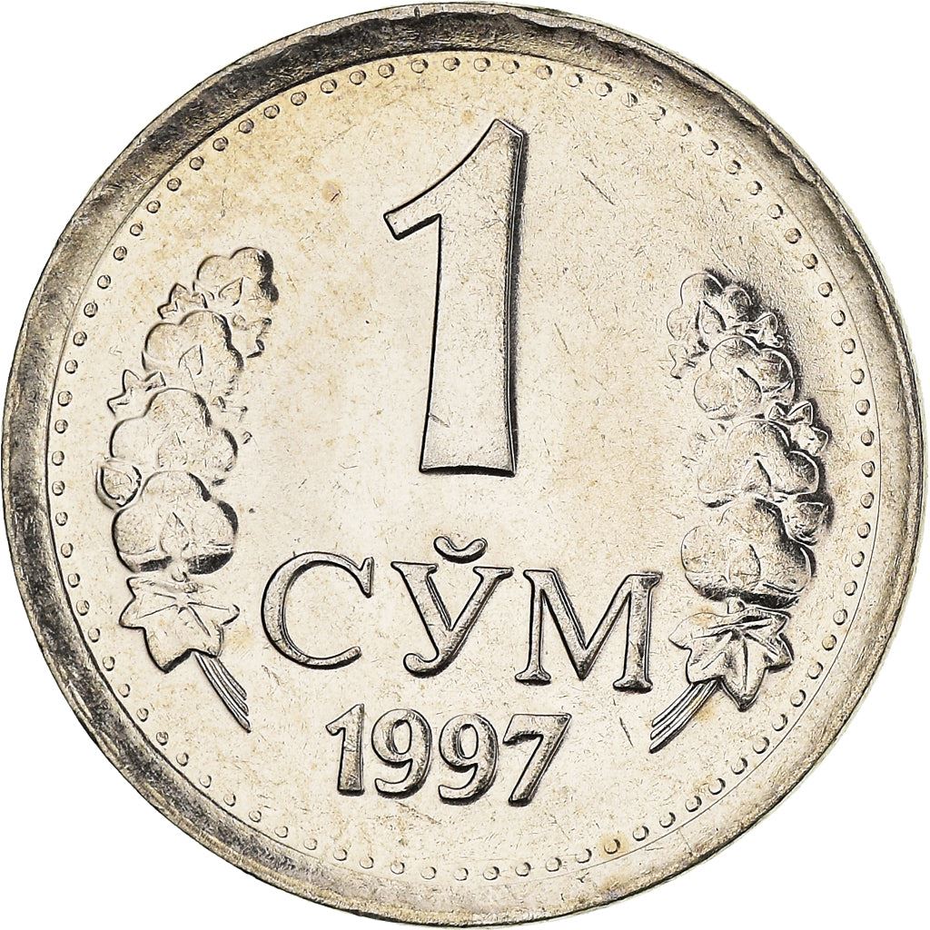 Uzbekistan | 1 SoʻM Coin | Wreath | Cotton | Wheat | Sun | Huma Bird | KM:8 | 1997 - 2000