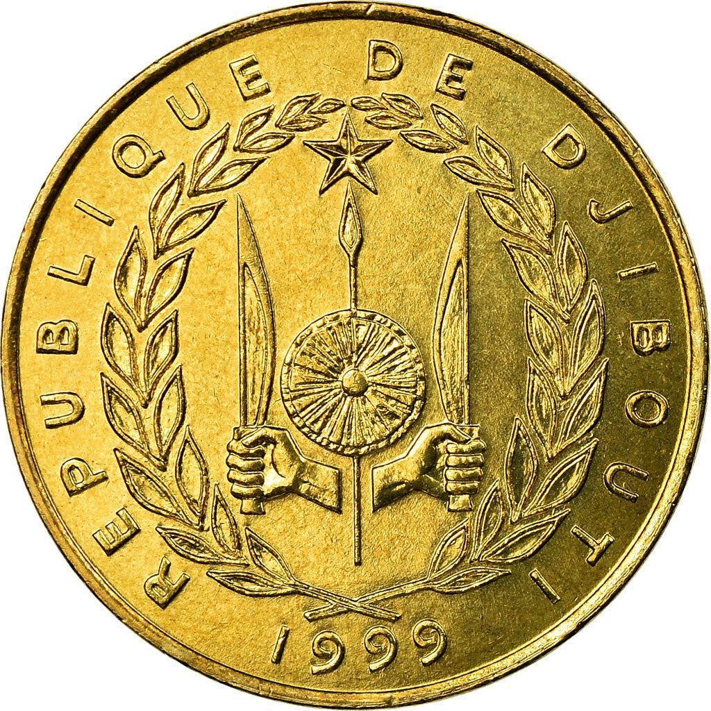 Djibouti | 20 Francs Coin | Knife | Spear | Shield | Dhow | Ocean Liner | Km:24 | 1977 - 2017