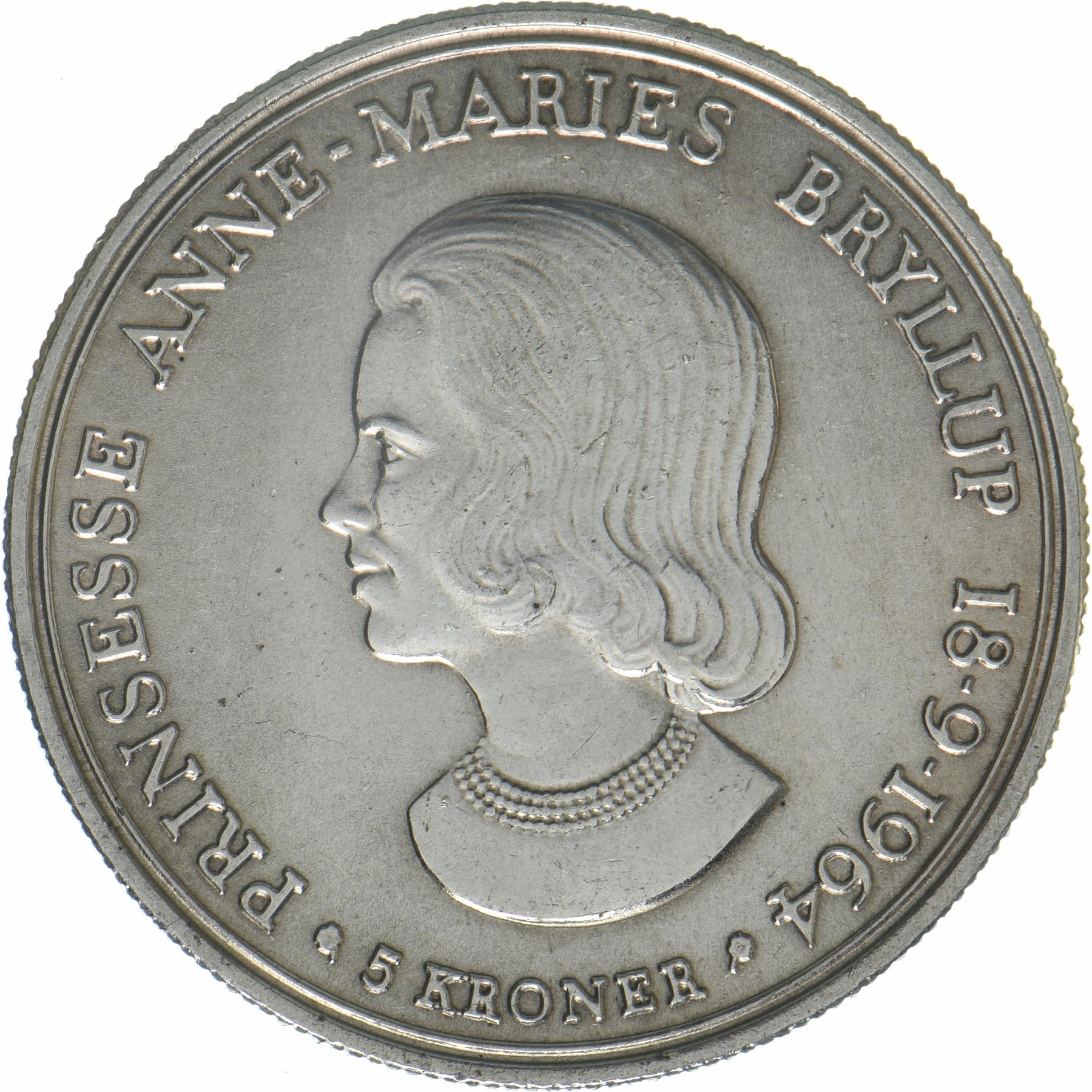 Denmark | 5 Kroner Coin | Silver | Wedding of Princess Anne Marie | KM:854 | 1964